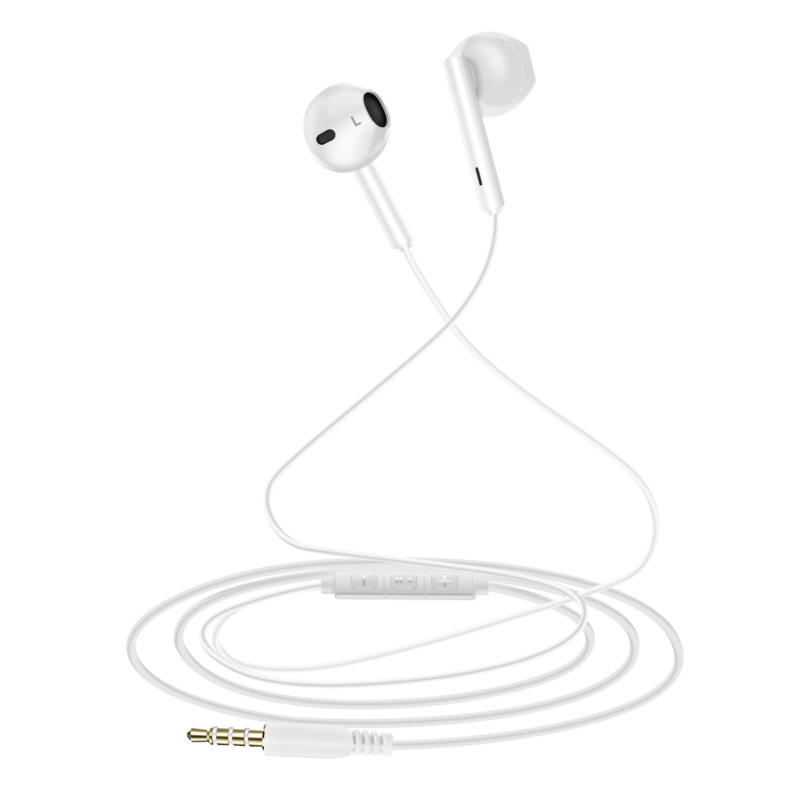Auricolari bianchi con cavo bianco e pannello di controllo con pulsanti. Il jack è color oro.