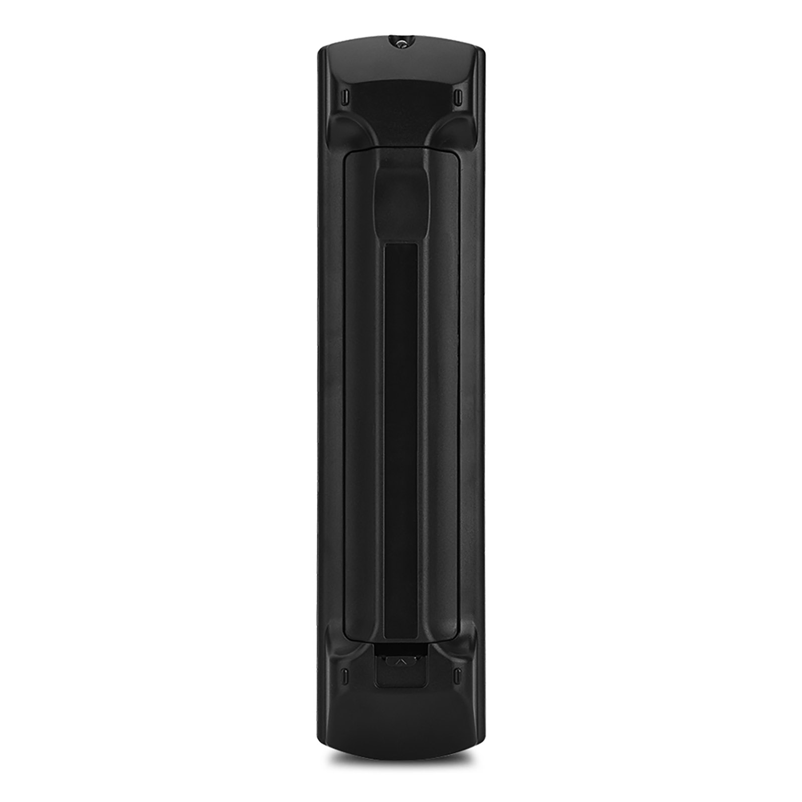 Eine schwarze Fernbedienung, die Rückseite, mit Griff und kleiner Öffnung.