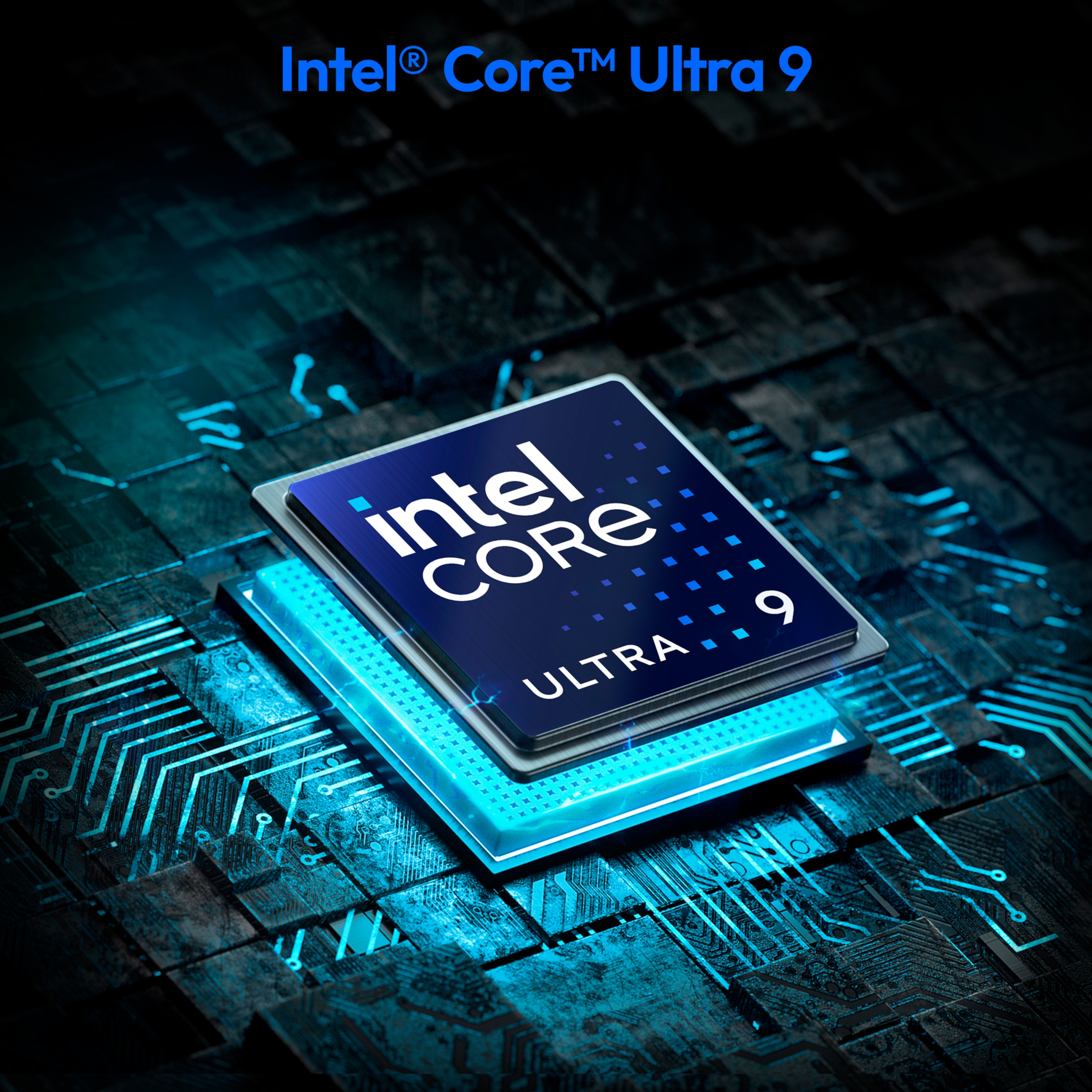 Nahaufnahme eines Prozessors mit dem Intel Core Ultra 9 Logo. Der Chip befindet sich auf einer blauen Leiterplatte.