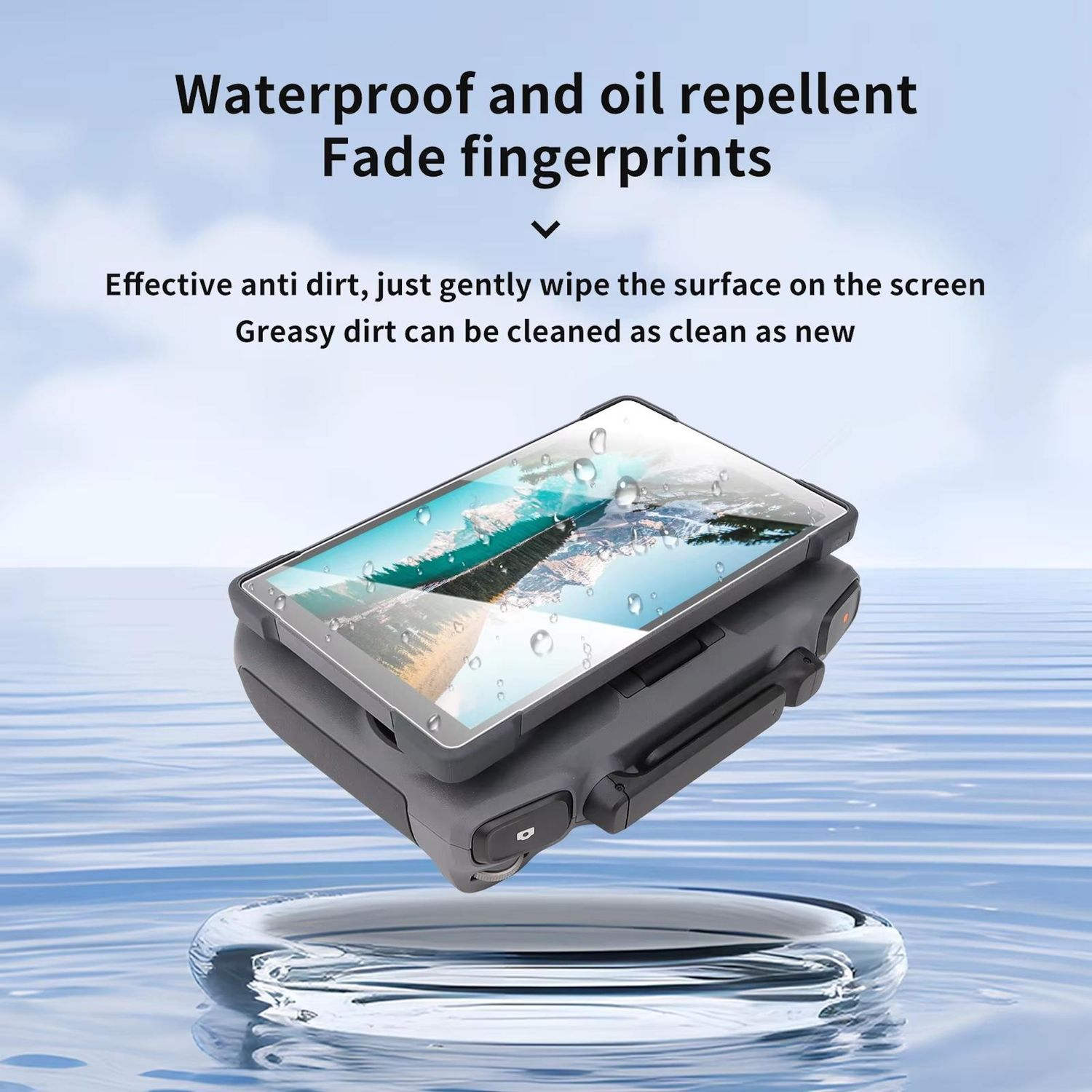 Tablet in un ambiente simile all'acqua. Il testo indica che è impermeabile, idrorepellente e previene le impronte digitali.
