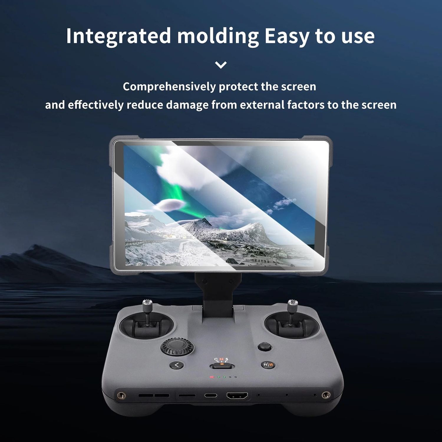 Un controller per droni con schermo che mostra una scena di montagna innevata. Il testo sopra dice 'Integrated molding Easy to use'.