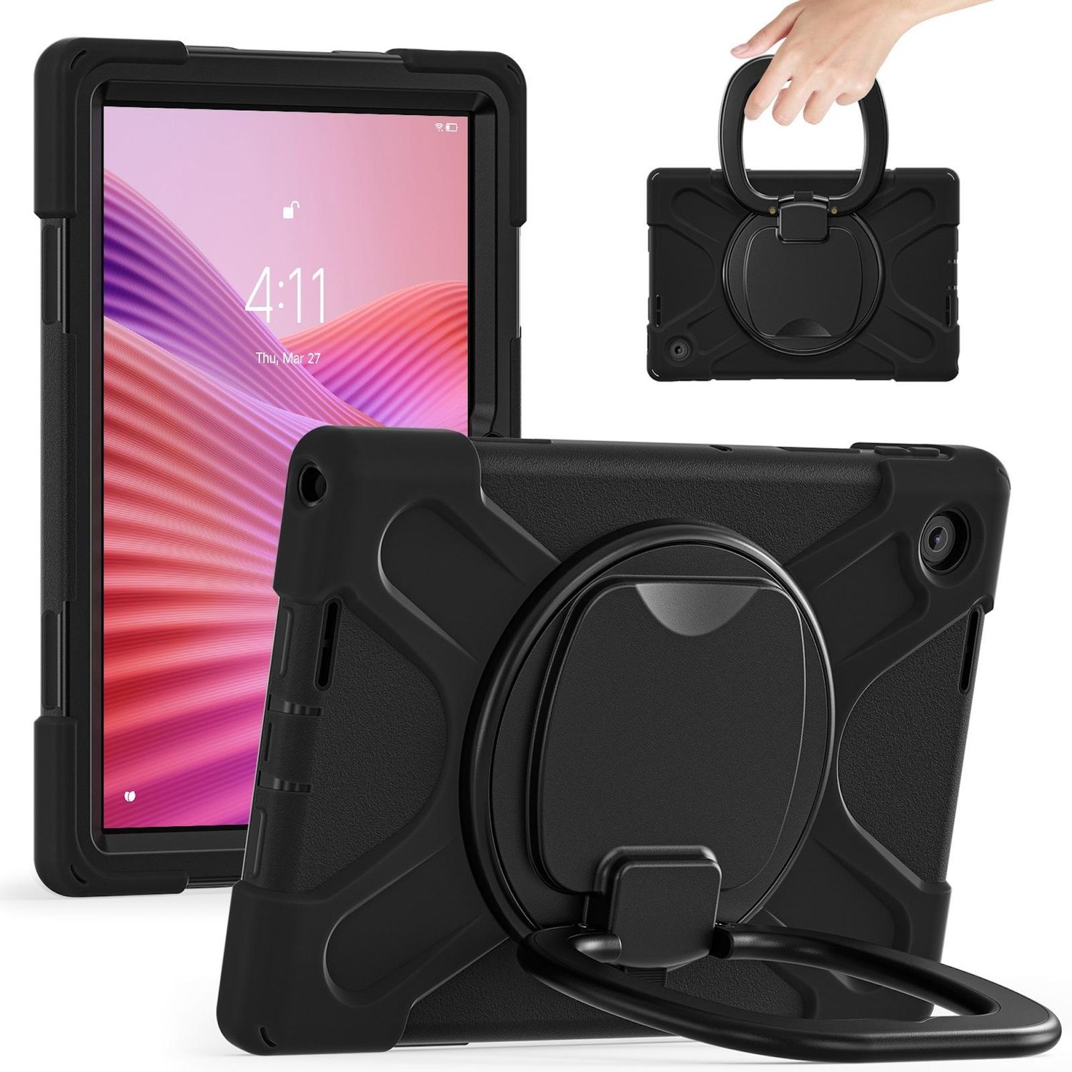 Una funda negra para tableta con un soporte de anillo. Otra funda de tableta a la izquierda con pantalla.
