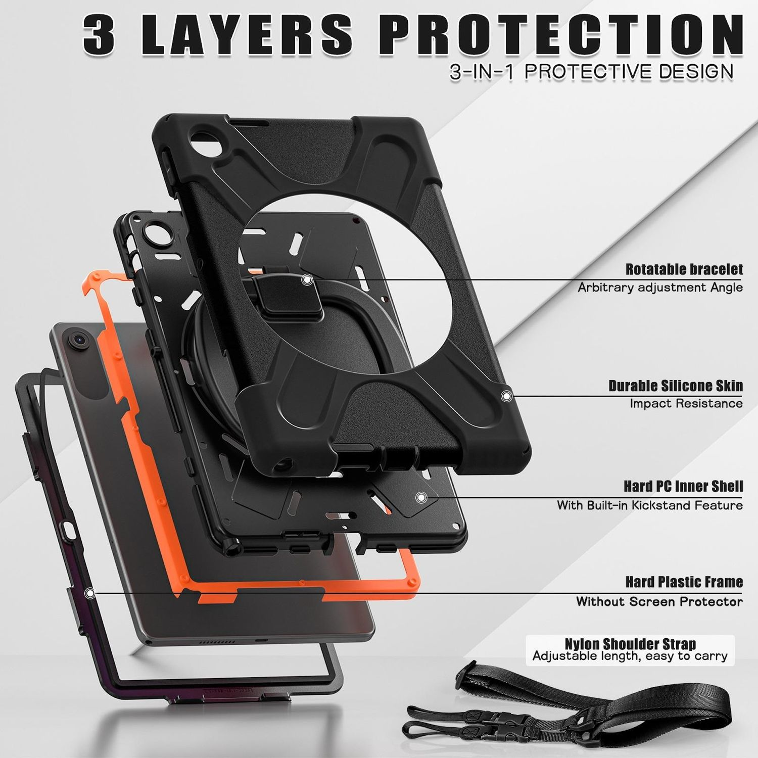 Una vista explosionada de una funda para tableta, que muestra sus 3 capas de protección. Incluye una correa de nailon y un soporte.