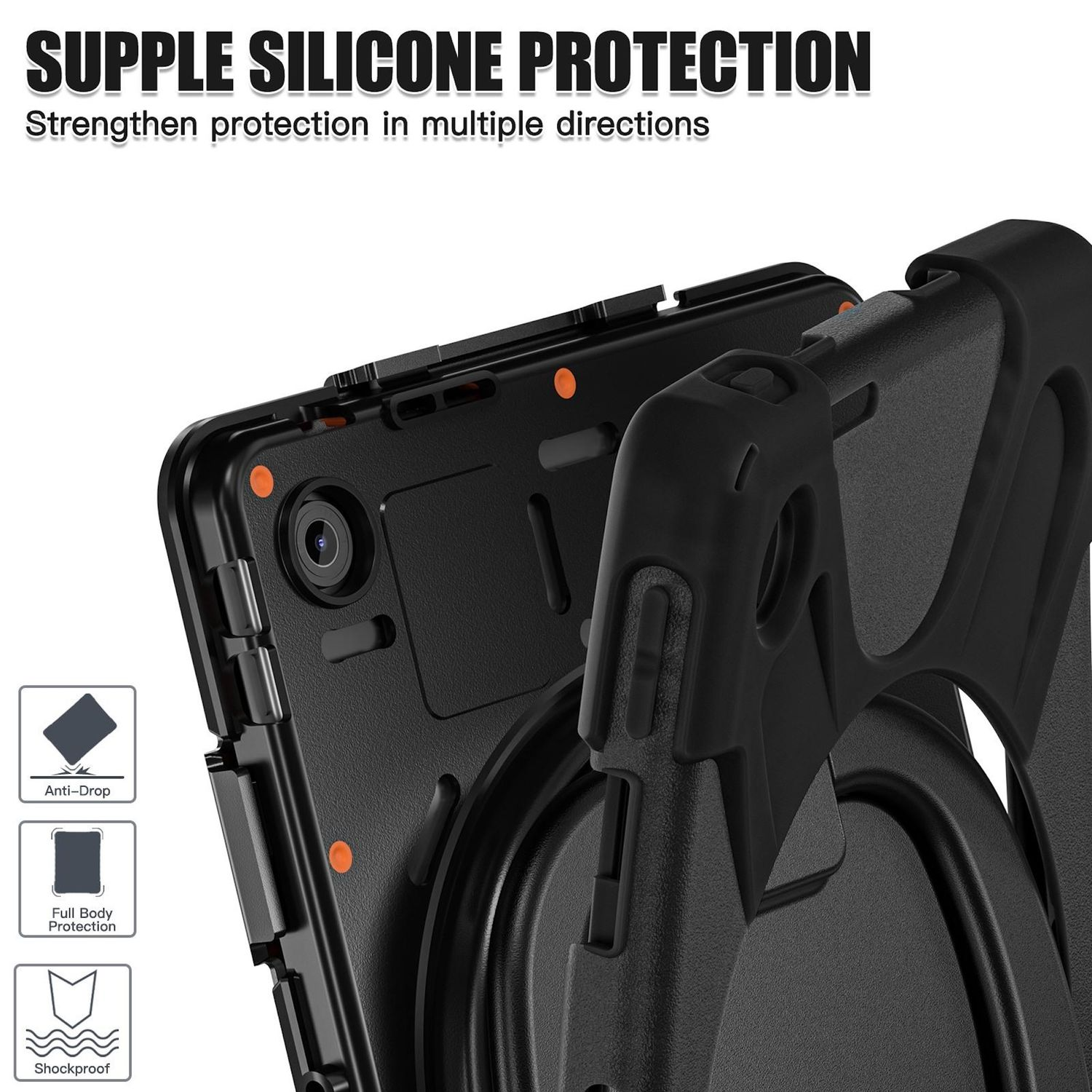 Primer plano de una funda negra para tableta que muestra características de protección: antigolpes, protección total y a prueba de golpes.