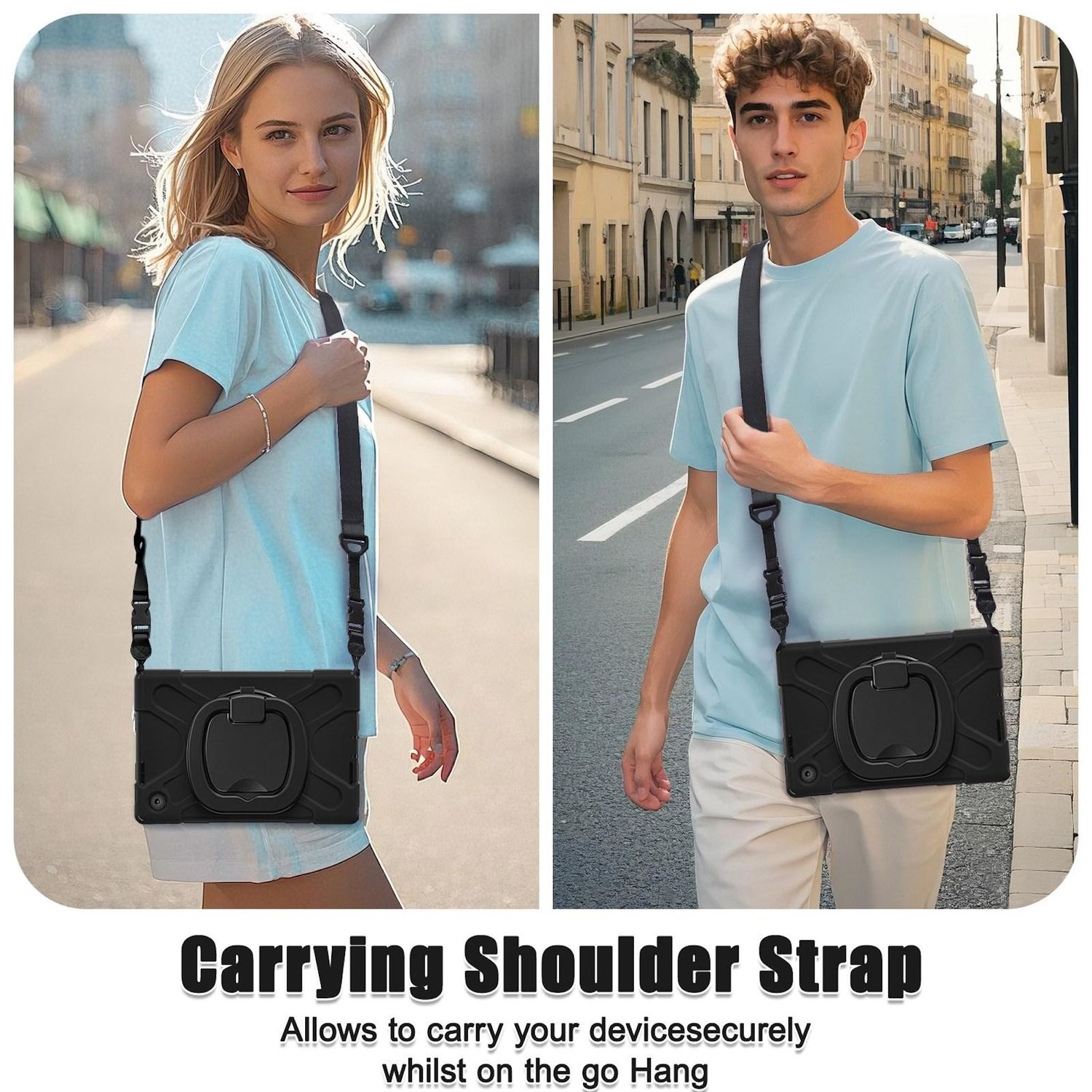 Dos personas que usan fundas para tabletas con correas para el hombro, caminando por una calle de la ciudad.