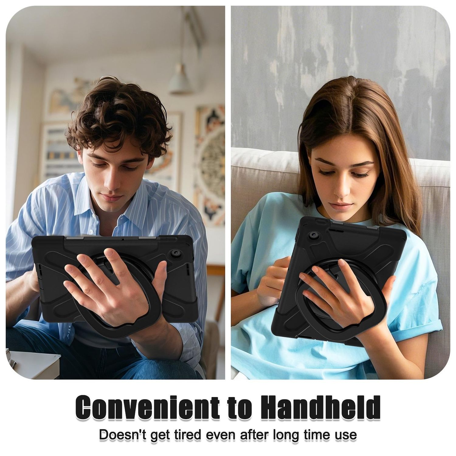 Dos personas usando fundas negras para tabletas. El texto dice: 'Cómodo de llevar' y 'No se cansa incluso después de mucho tiempo'.