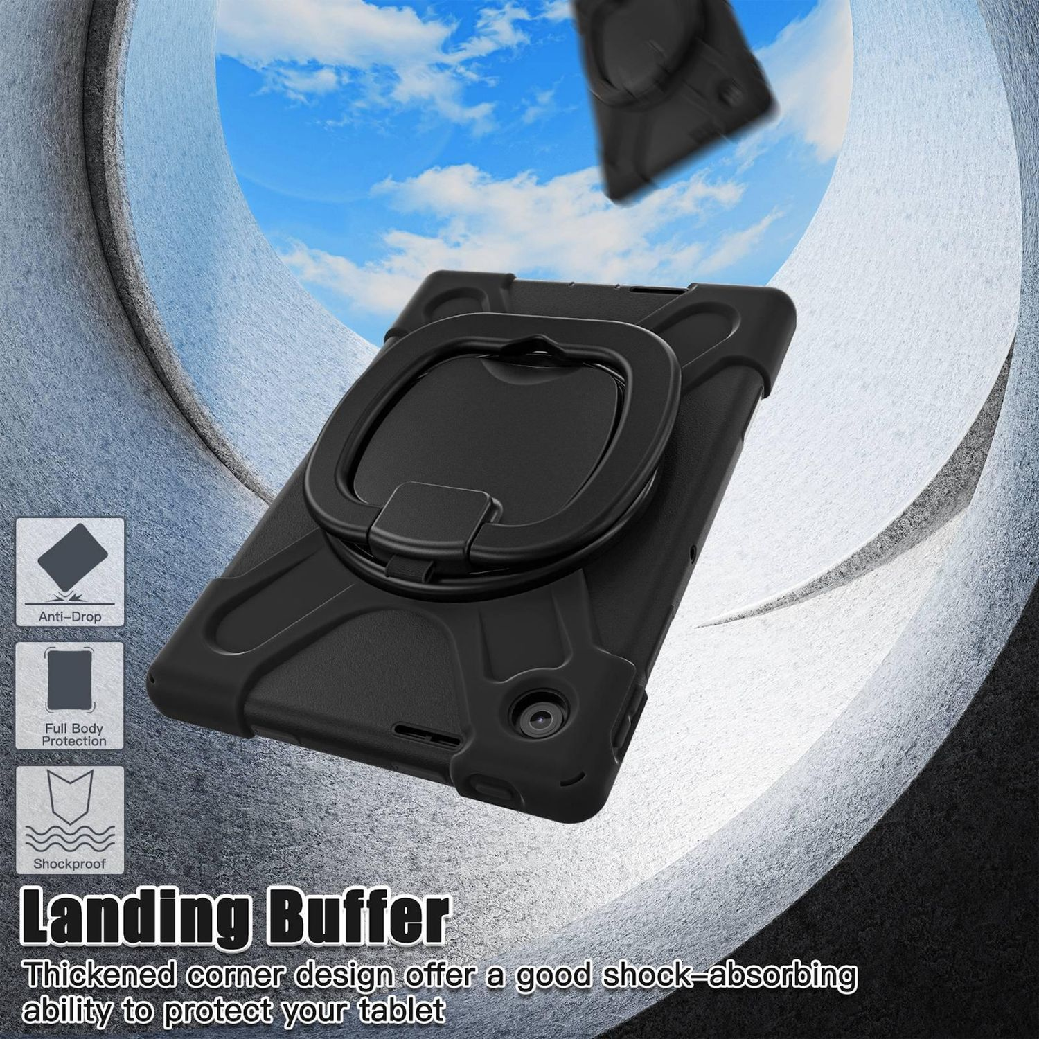 Funda negra para tableta con soporte de anillo, con texto 'Landing Buffer'.