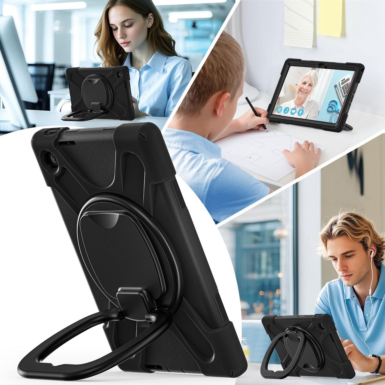 Una funda negra para tableta utilizada en diferentes escenarios: en un escritorio, durante una videollamada y en un soporte. El soporte de anillo es visible.