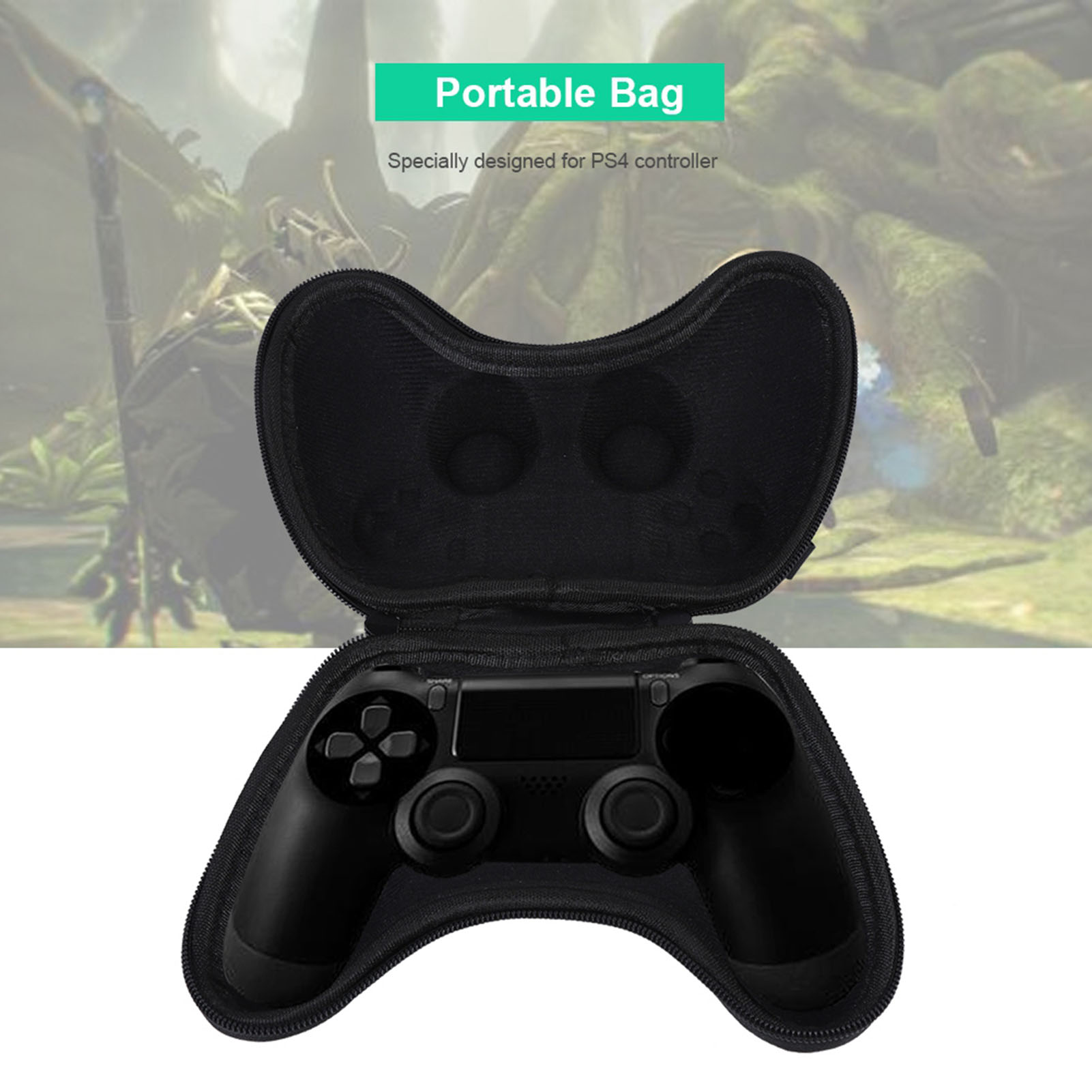 Schwarzer Controller in einem offenen schwarzen Gehäuse. Der Hintergrund ist verschwommen grün und braun.