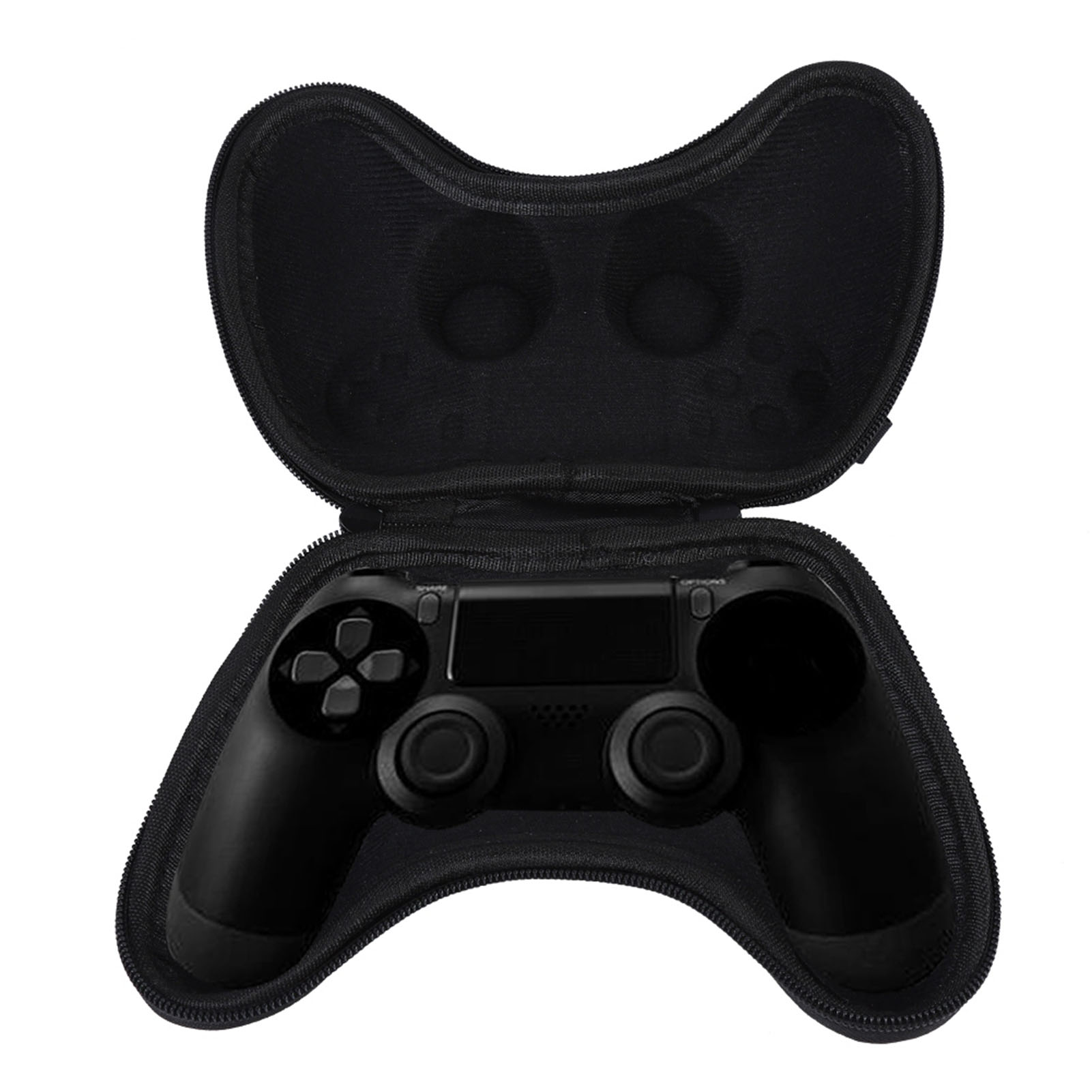 Ein schwarzer Controller in einem offenen schwarzen Gehäuse. Weißer Hintergrund.