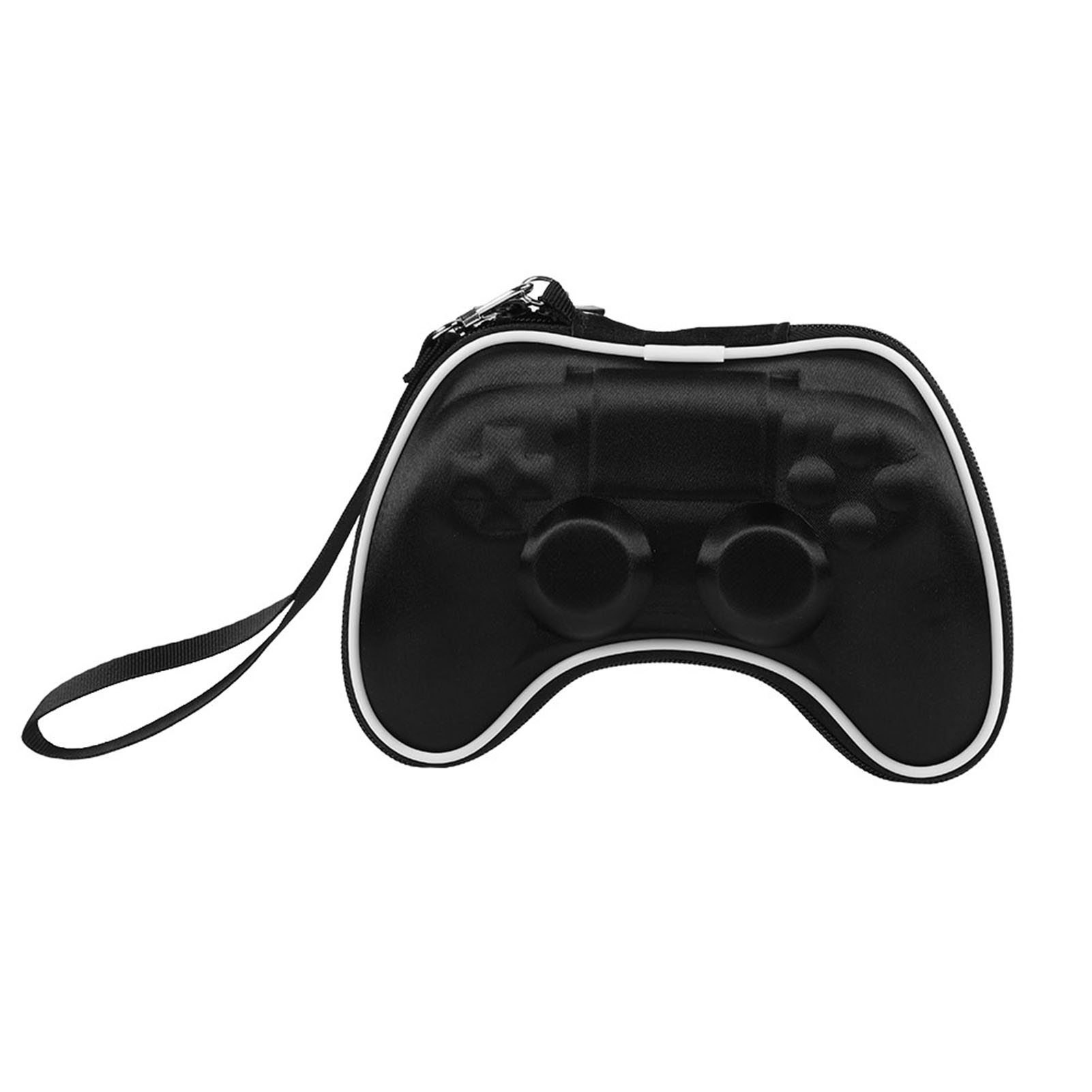Schwarze Controller-Hülle mit weißem Rand und Griff. Weißer Hintergrund.
