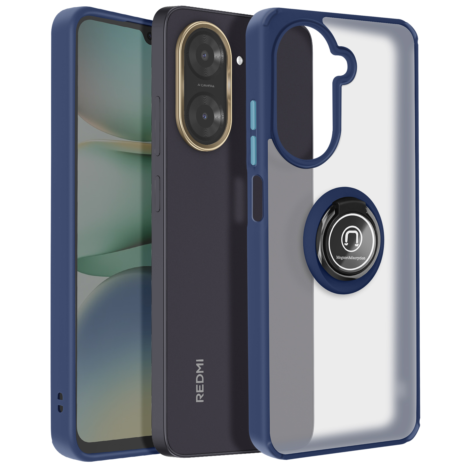 Tres teléfonos, uno con una funda. La funda es azul y transparente. Fondo blanco.