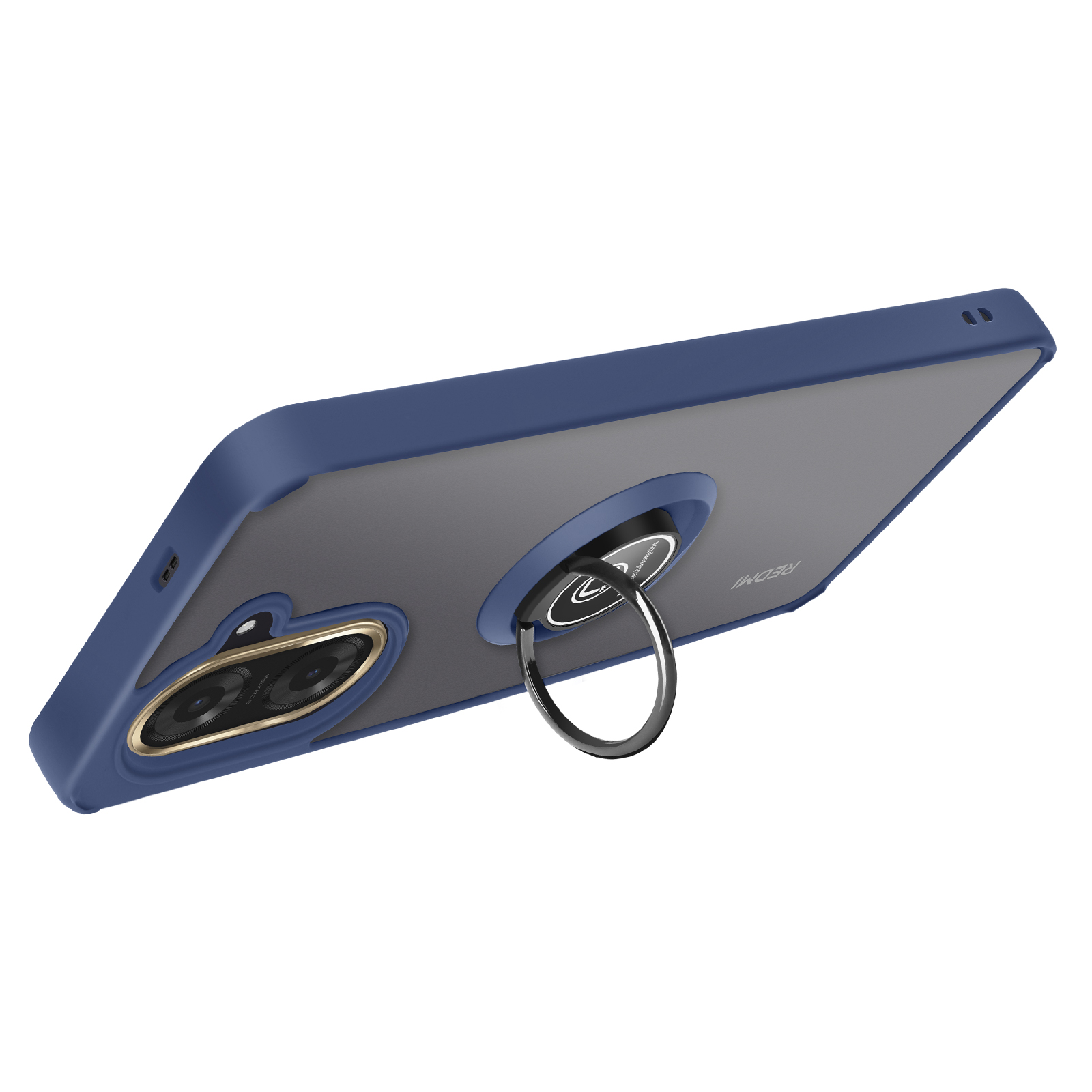Una funda de teléfono azul y gris con un soporte de anillo. El teléfono está en ángulo. Fondo blanco.