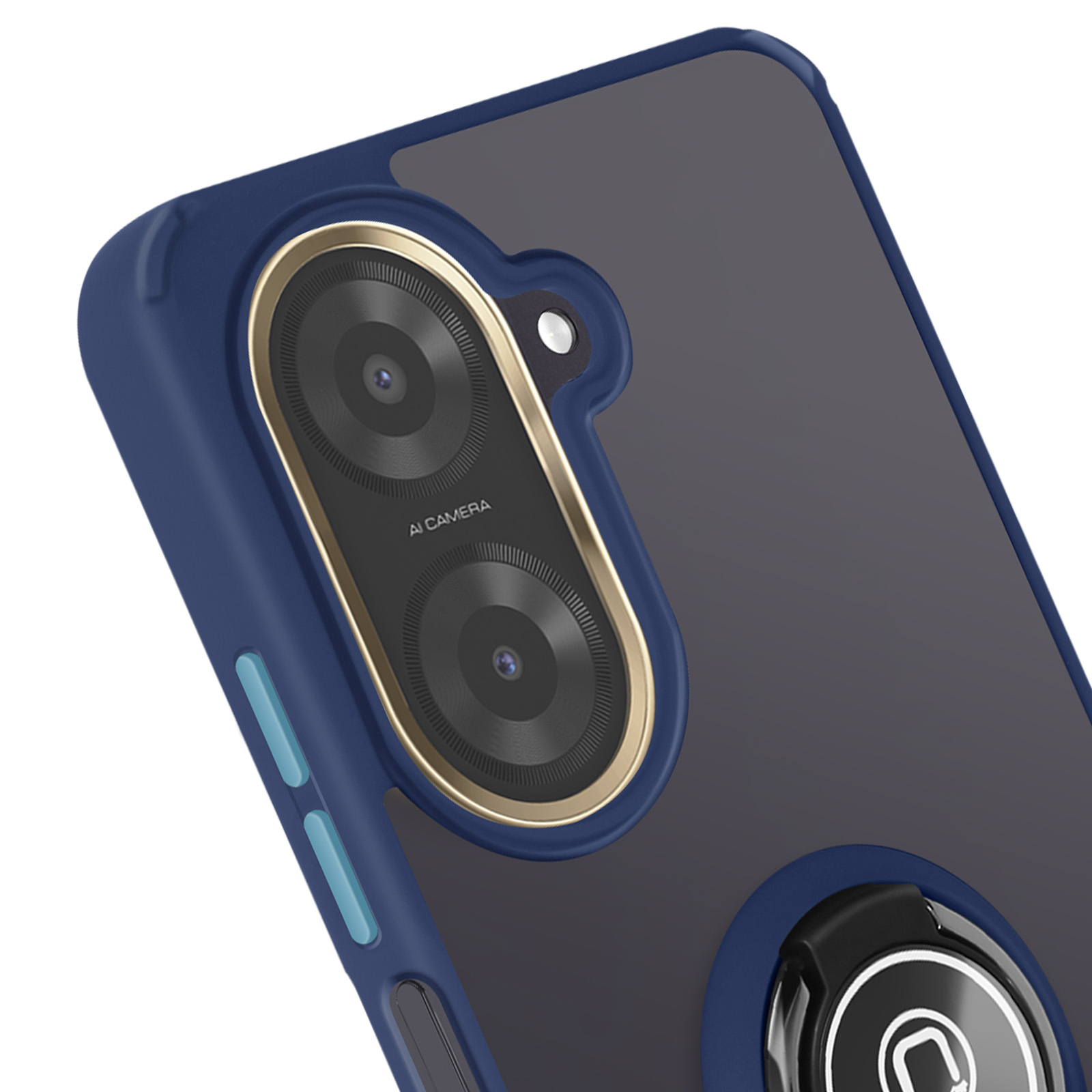 Primer plano de un teléfono con funda azul y soporte de anillo. Fondo blanco.