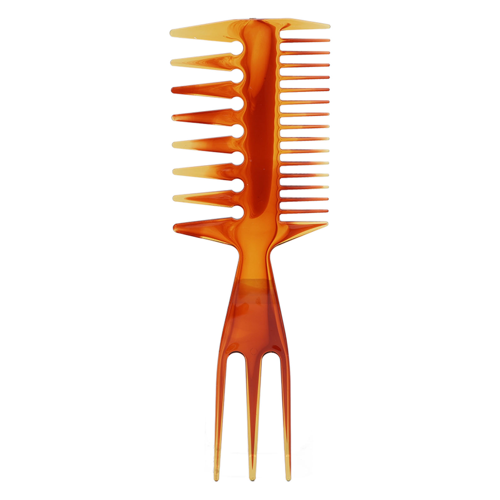 Ein einzelner Kamm mit drei Zinken an einem Ende. Orange Farbe. Weißer Hintergrund.