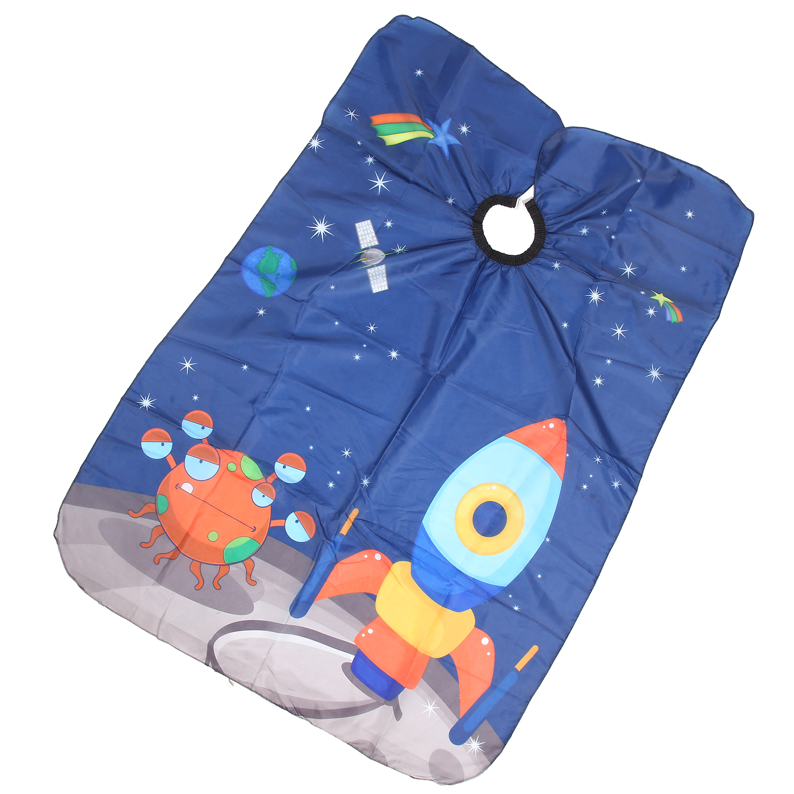 Blauer Friseurumhang mit Weltraum-Thema: Rakete, Alien, Sterne, Planet und Regenbogen.