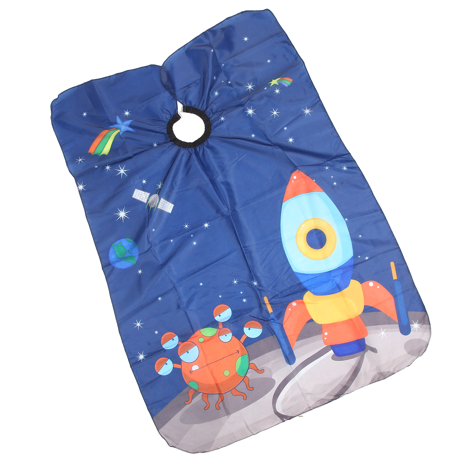 Blauer Friseurumhang mit Weltraum-Thema: Rakete, Alien, Sterne, Planet und Regenbogen.