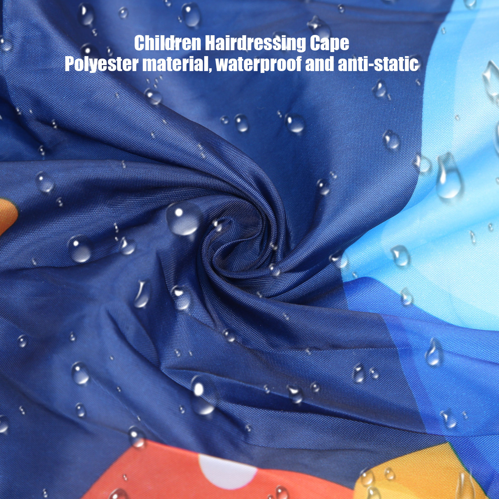 Blauer Friseurumhang mit Wassertropfen und Text: Kinderfriseurumhang, wasserdicht.