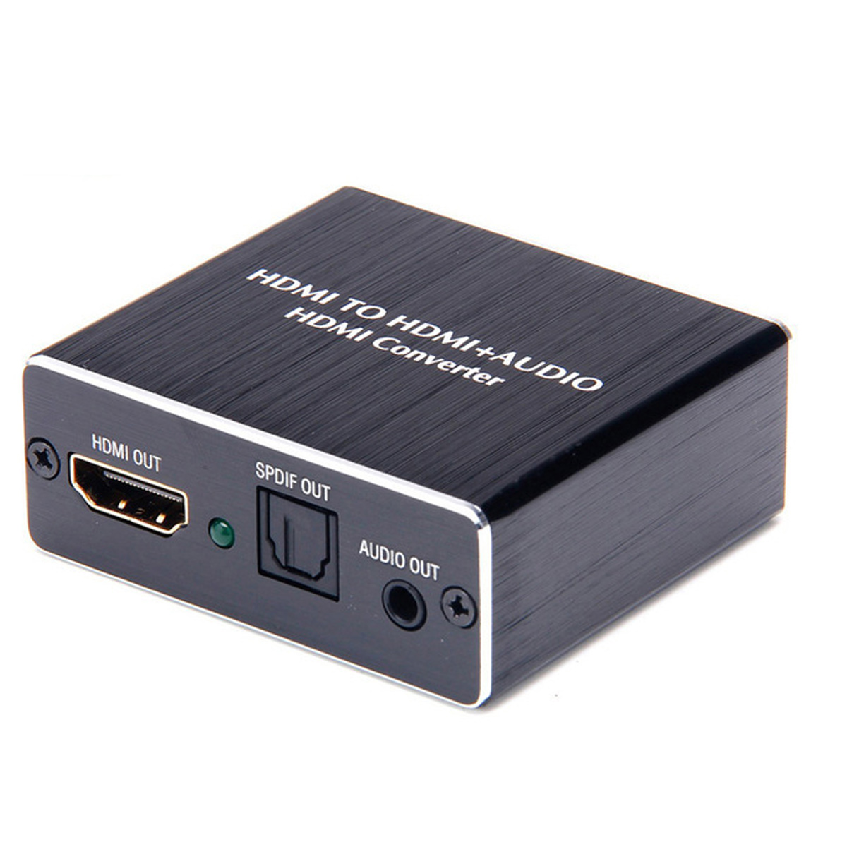 Ein schwarzer HDMI-zu-HDMI- und Audio-Konverter. Er hat HDMI-, SPDIF- und Audioausgänge.