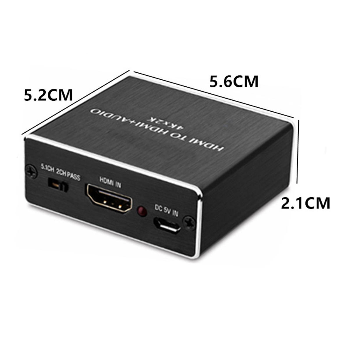 Schwarzes elektronisches Gerät mit HDMI-Anschlüssen, mit Abmessungen und Text beschriftet.
