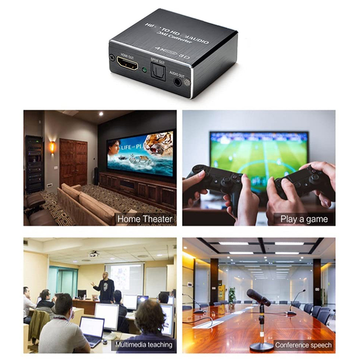 Ein schwarzer HDMI-zu-HDMI- und Audio-Konverter. Szenen von Heimkino, Spielen, Unterricht und Konferenzen.