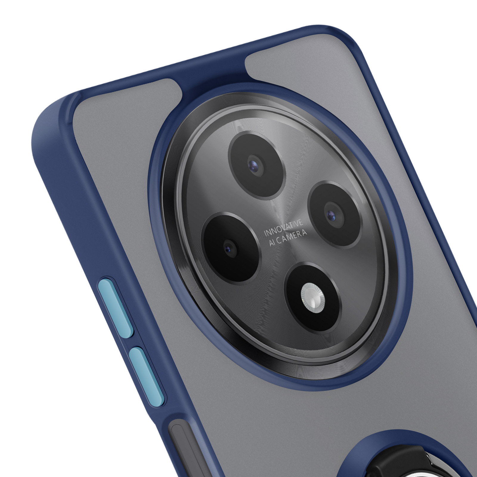 Primo piano di una custodia per telefono con cornice blu e retro grigio. L'anello della fotocamera è visibile.