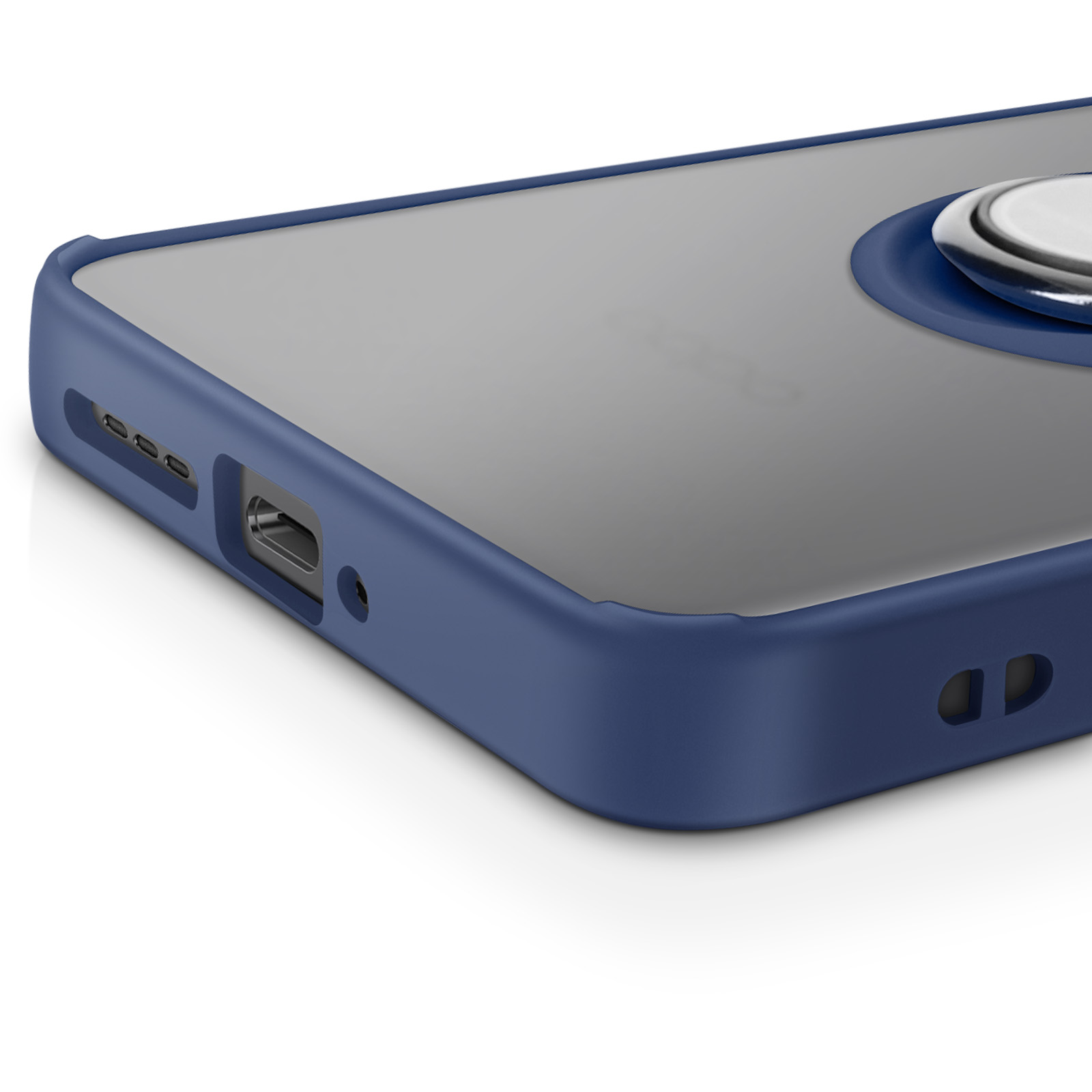 Una custodia per telefono blu scuro con un supporto ad anello argentato incorporato viene mostrata da vicino.
