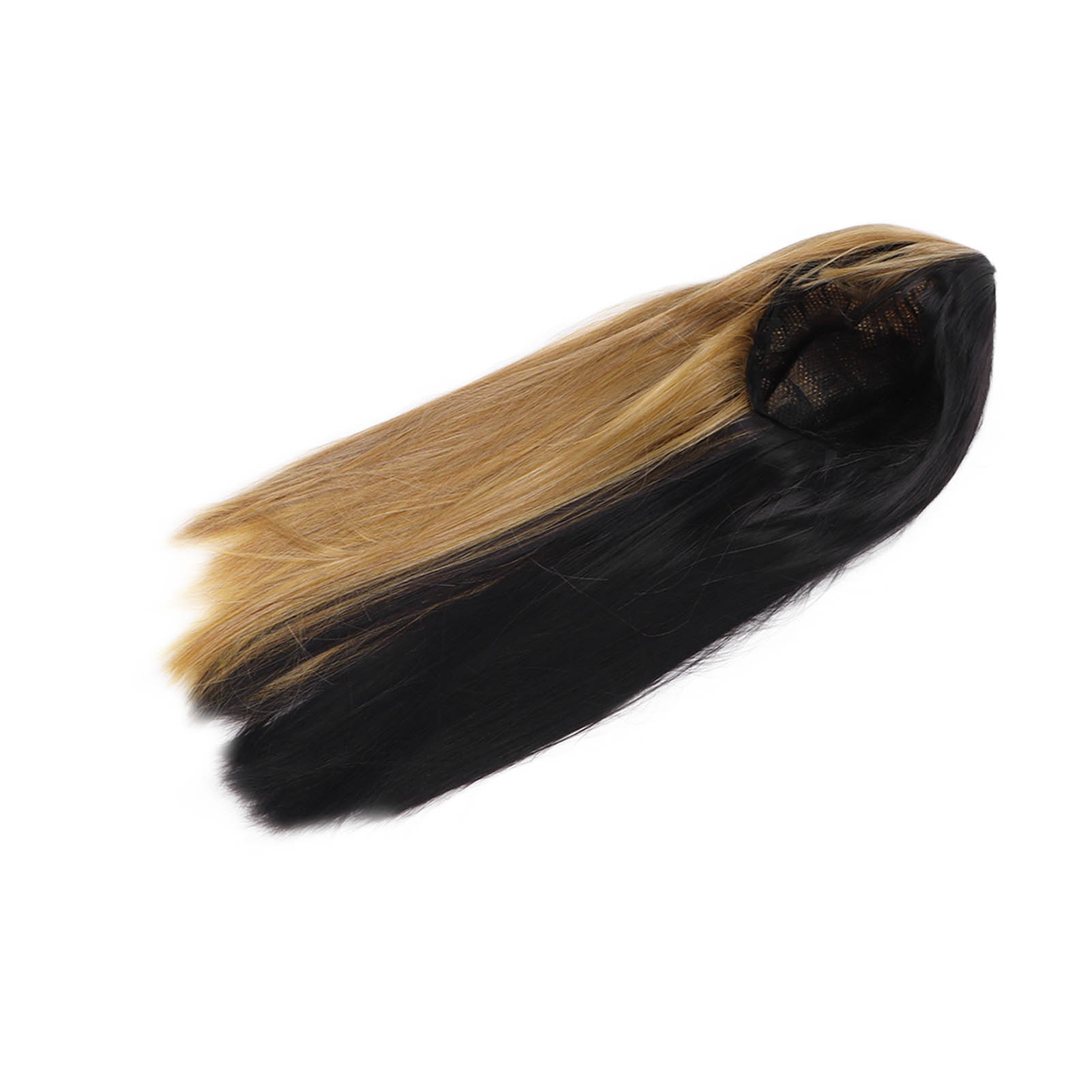 Eine Perücke mit einem halbblonden, halbschwarzen Design, von oben gesehen. Das Haar ist lang und glatt.