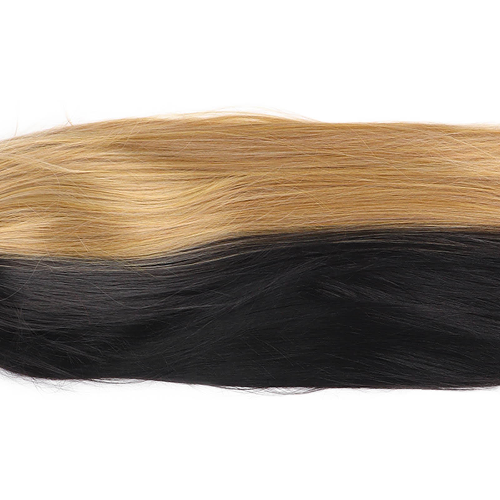 Eine Haarverlängerung mit blondem und schwarzem Haar, horizontal ausgerichtet.