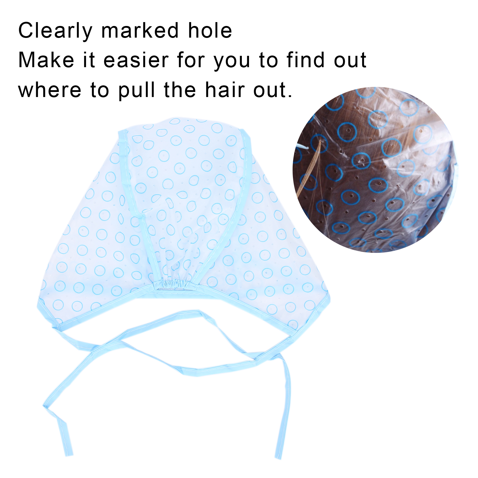 Eine blaue Kappe mit weißen Punkten, mit Nahaufnahme der markierten Löcher.