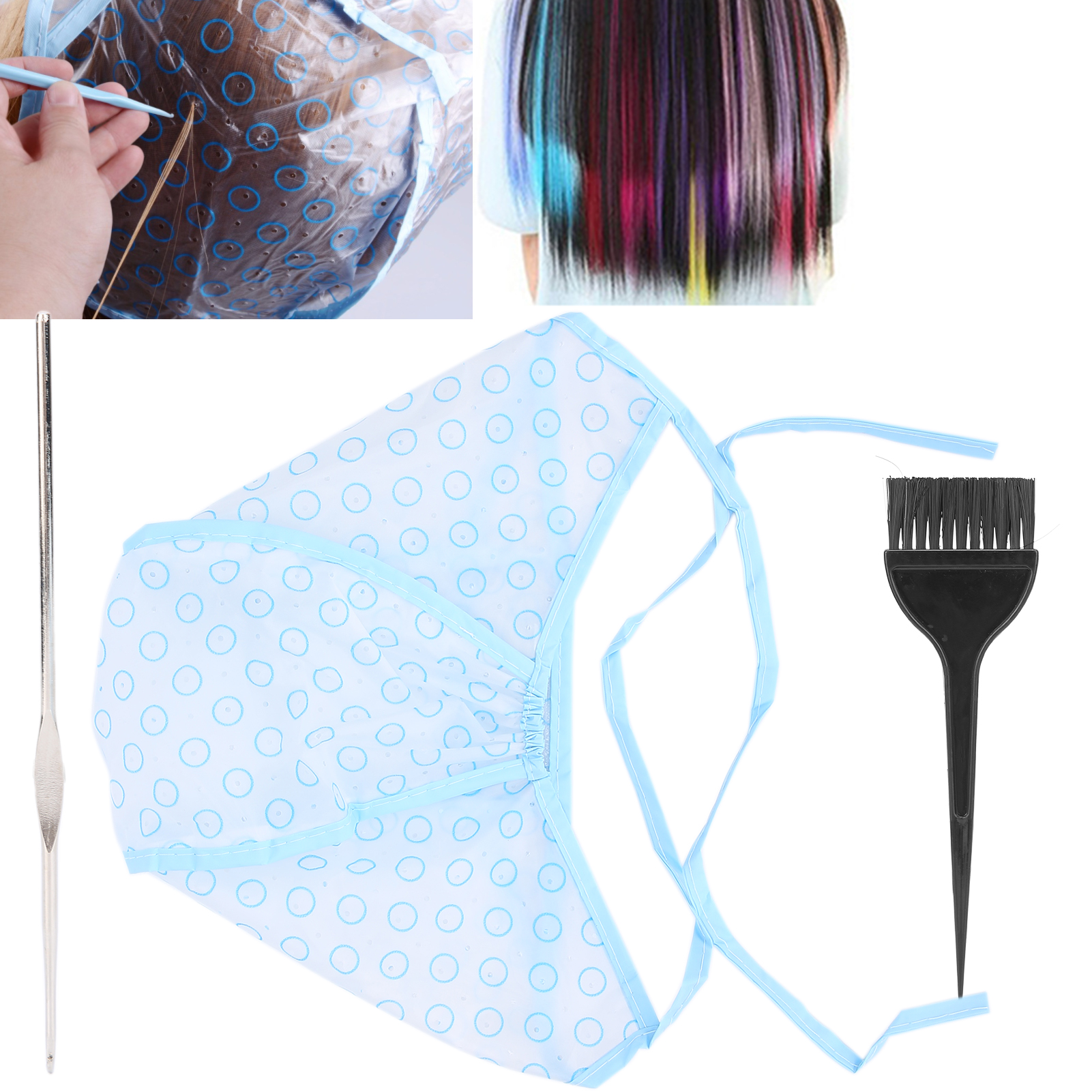 Haarsträhnchen-Set mit Kappe, Nadel und Pinsel zum Auftragen von Farbsträhnen.