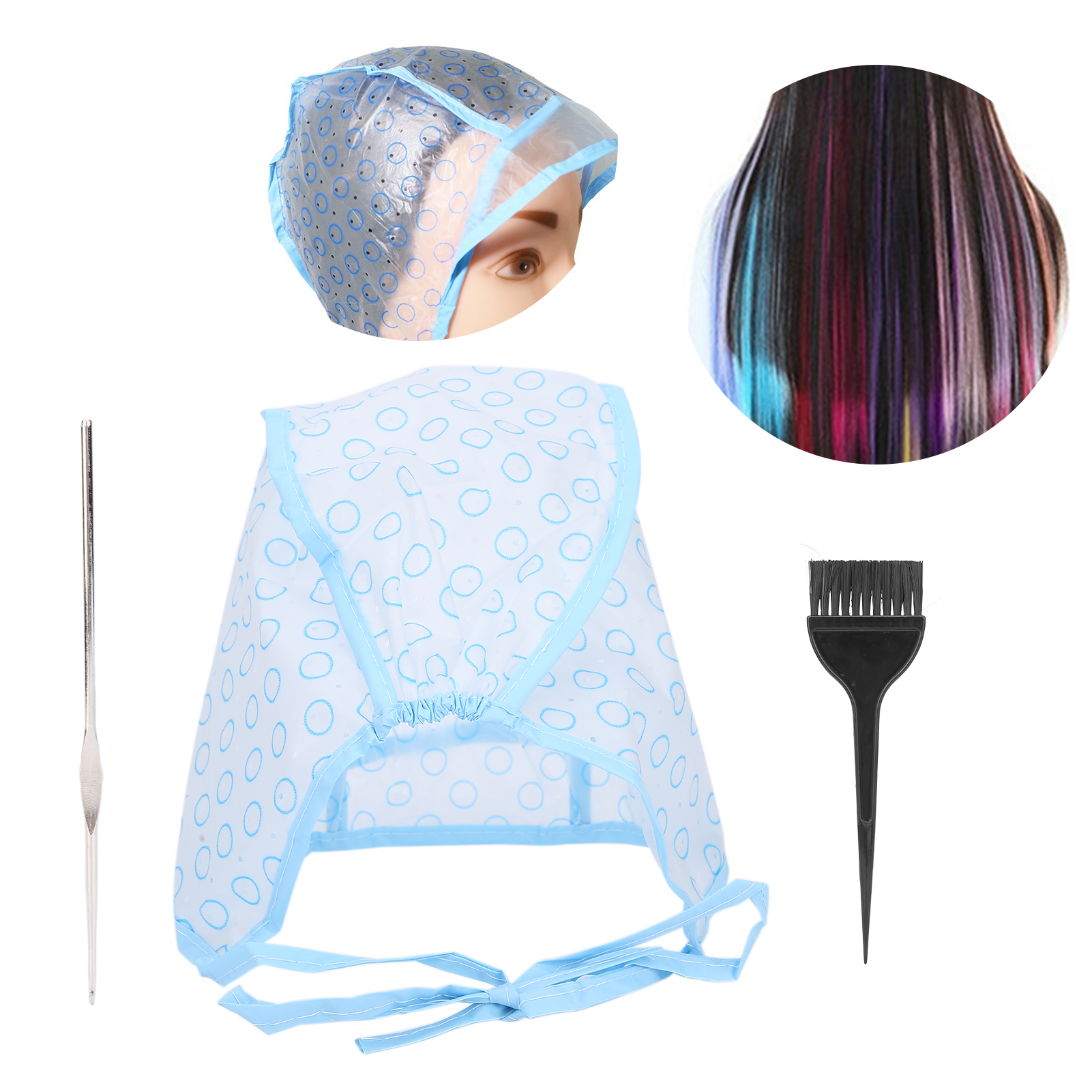 Eine blaue Kappe mit weißen Punkten, ein Metallwerkzeug, eine schwarze Bürste und Haarprobe.