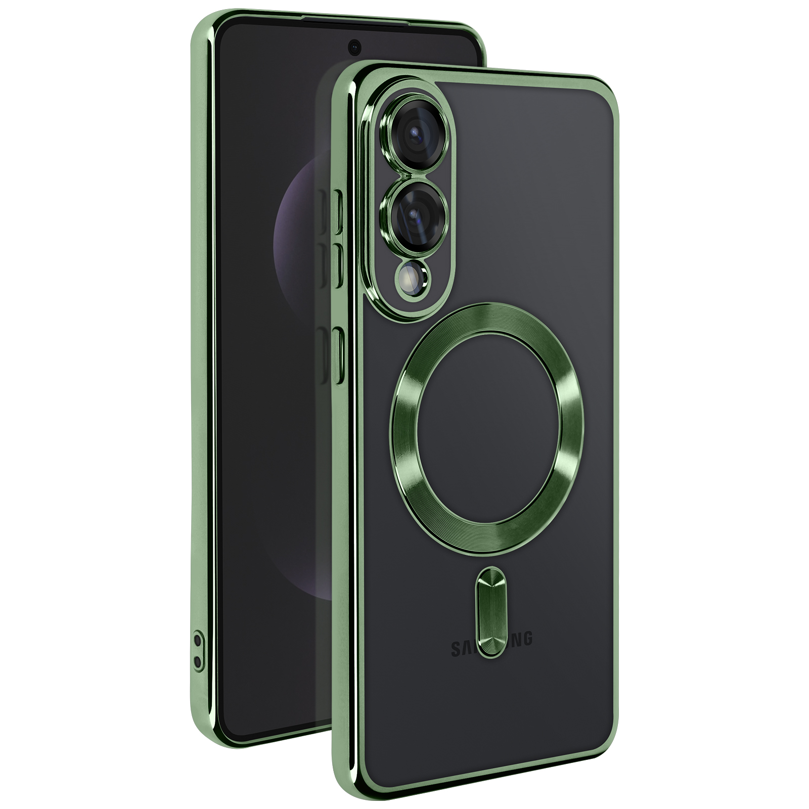 Due telefoni in una custodia verde, uno con lo schermo acceso, su sfondo bianco.