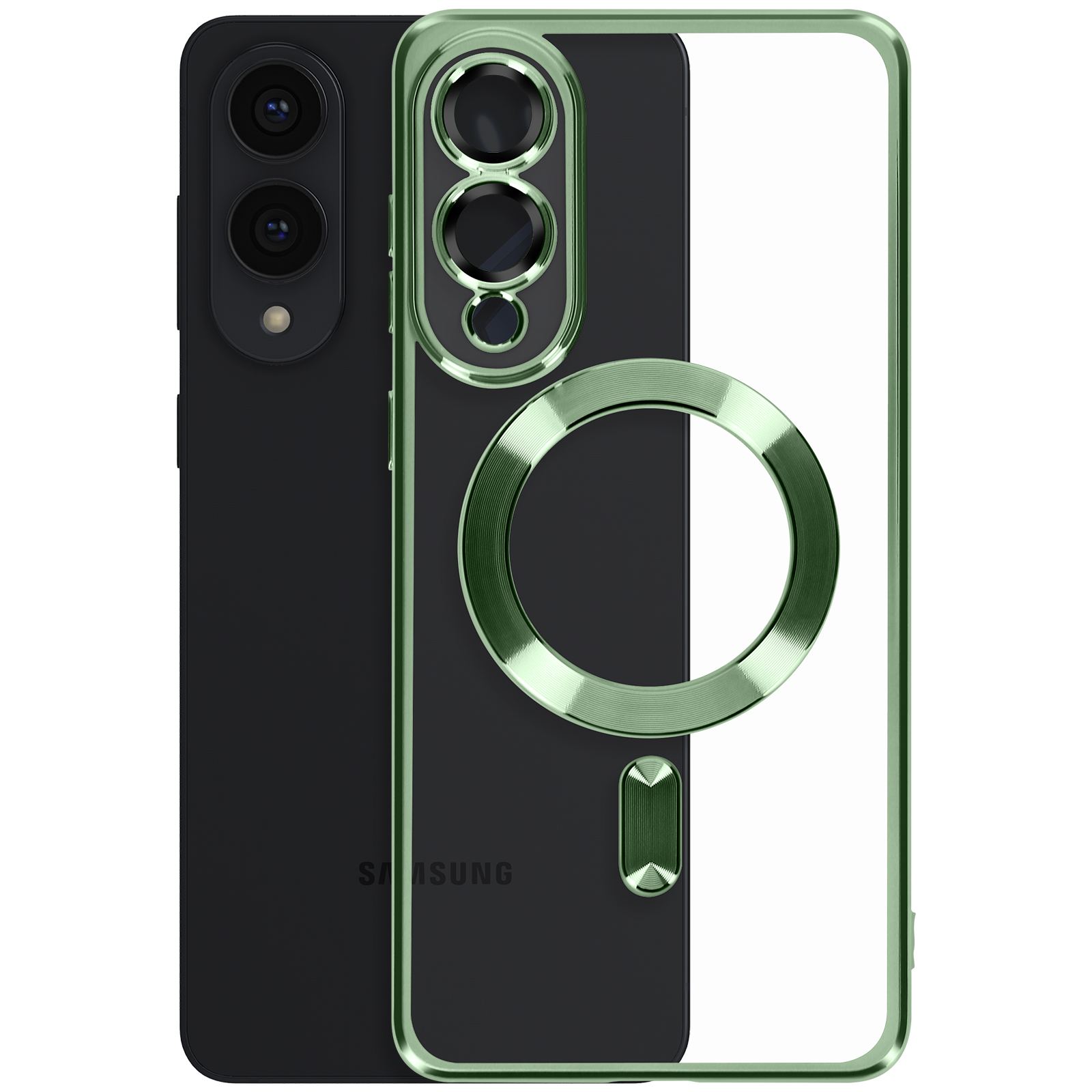 Un telefono Samsung nero con una custodia verde. La custodia ha un anello e un modulo fotocamera.