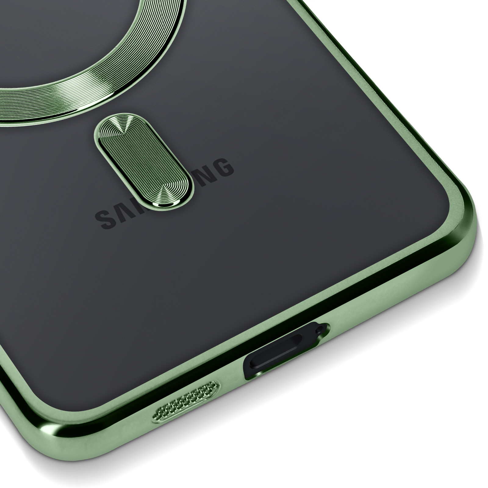 Primo piano di una custodia verde per telefono con un telefono nero all'interno. La custodia ha un anello magnetico e il marchio.