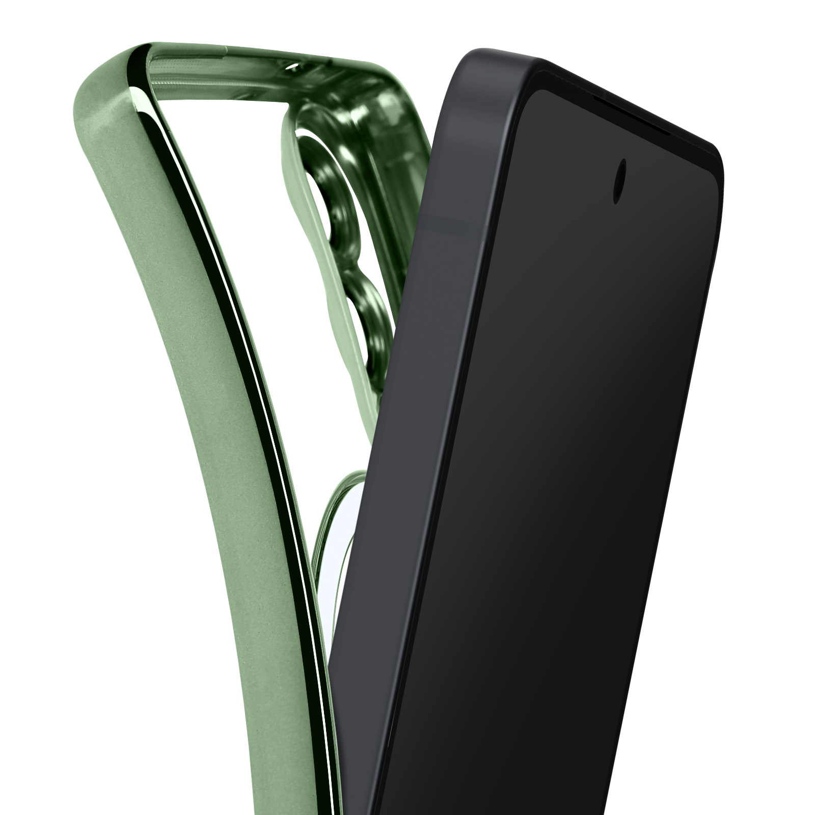Una custodia verde per telefono tiene in mano un telefono nero. Il telefono è parzialmente all'interno della custodia, su sfondo bianco.