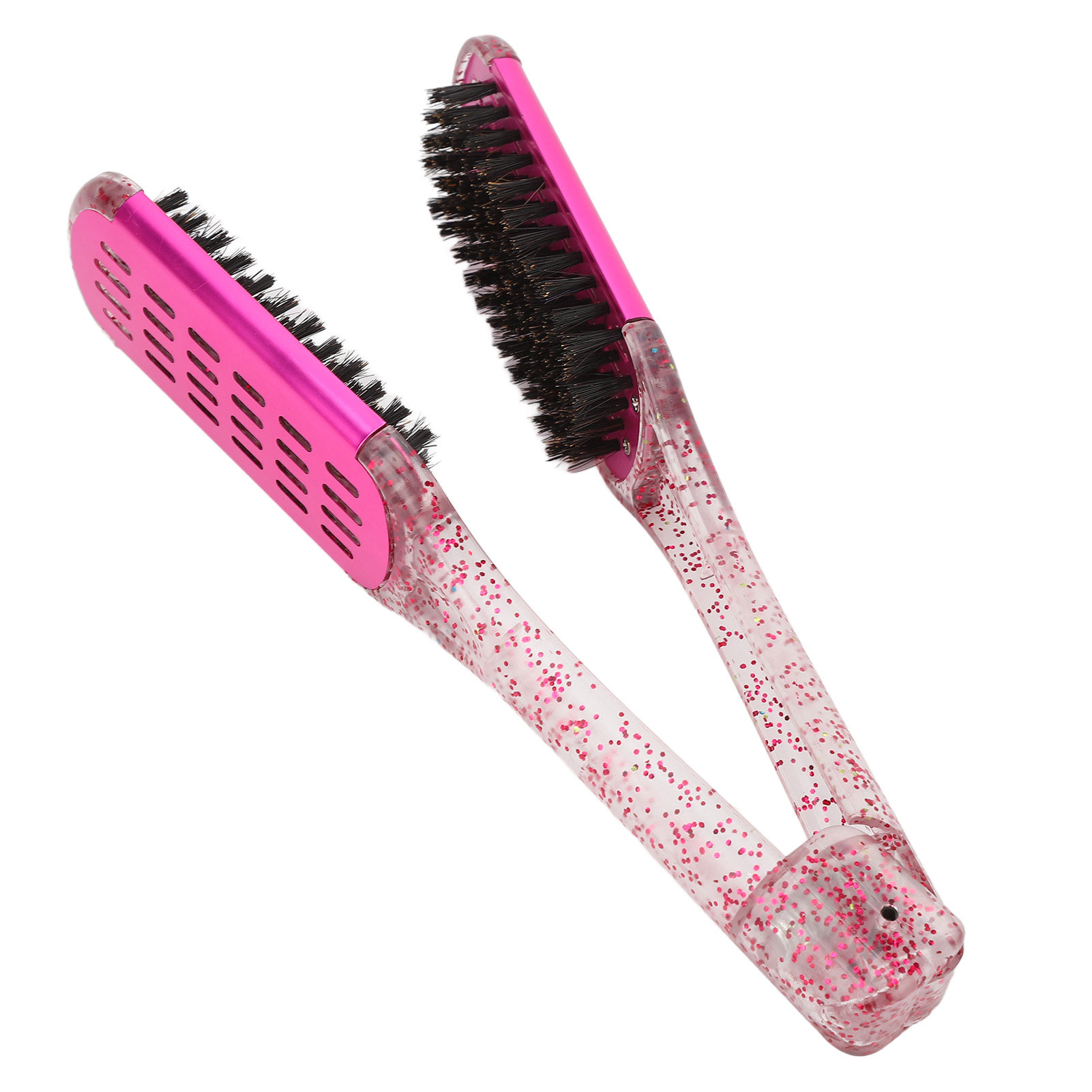 Offene rosa Haarglättungsbürste mit klarem Griff und schwarzen Borsten, schräge Ansicht.