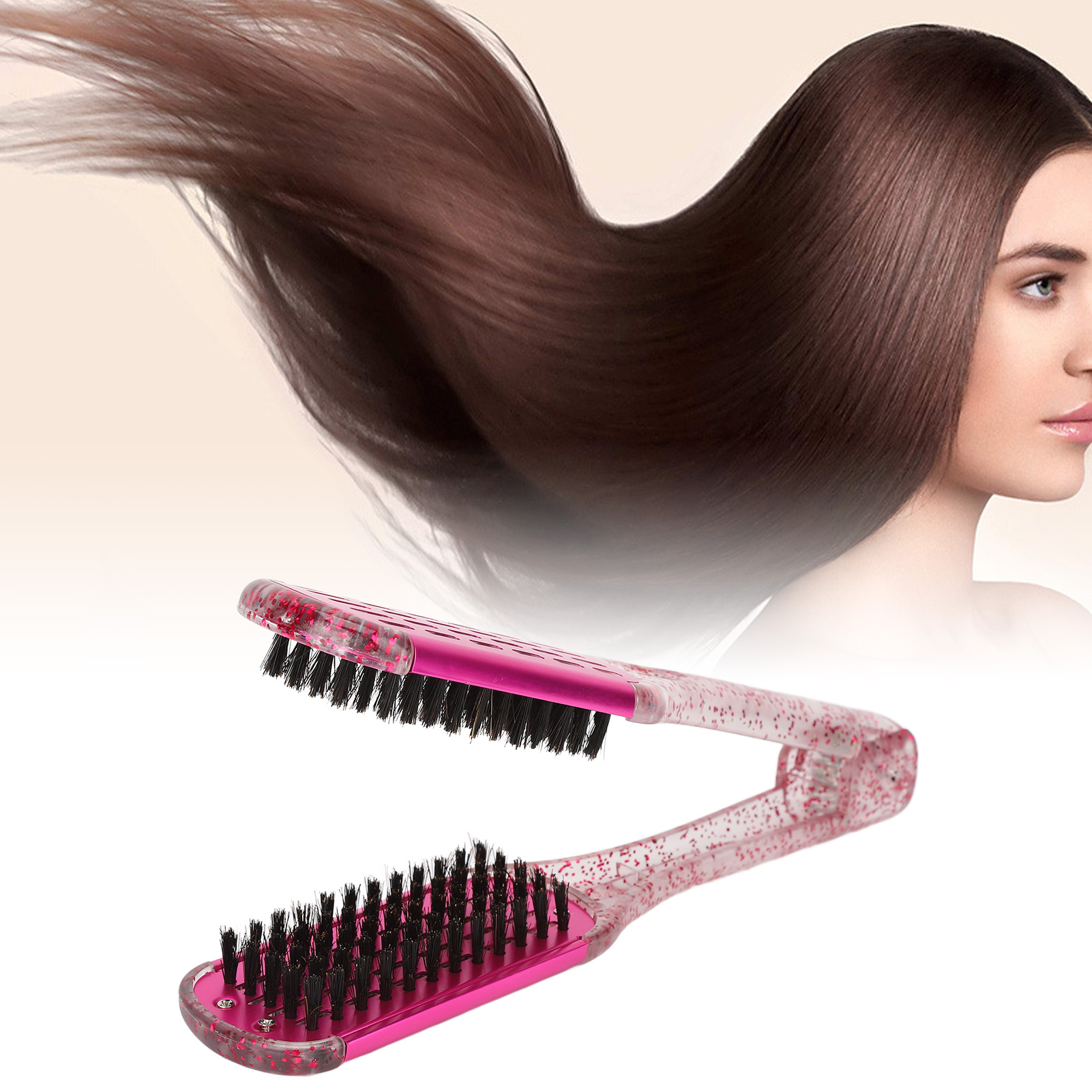 Frau mit fließendem braunem Haar. Rosa Haarglätter im Vordergrund.