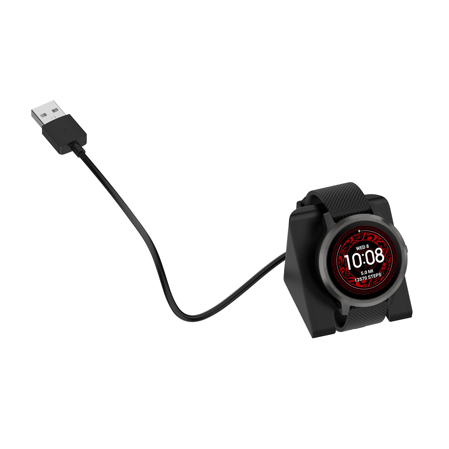 Schwarze Smartwatch, die auf einer schwarzen Dockingstation geladen wird und mit einem USB-Kabel verbunden ist.