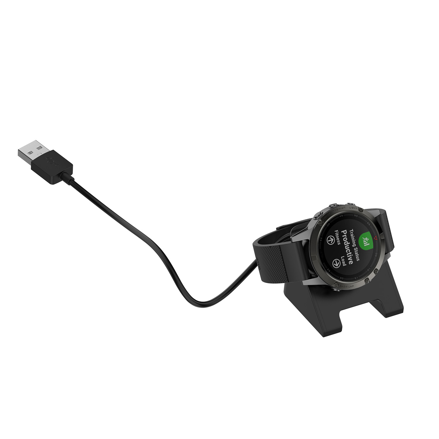 Schwarze Smartwatch auf Ladestation, mit USB-Kabel.