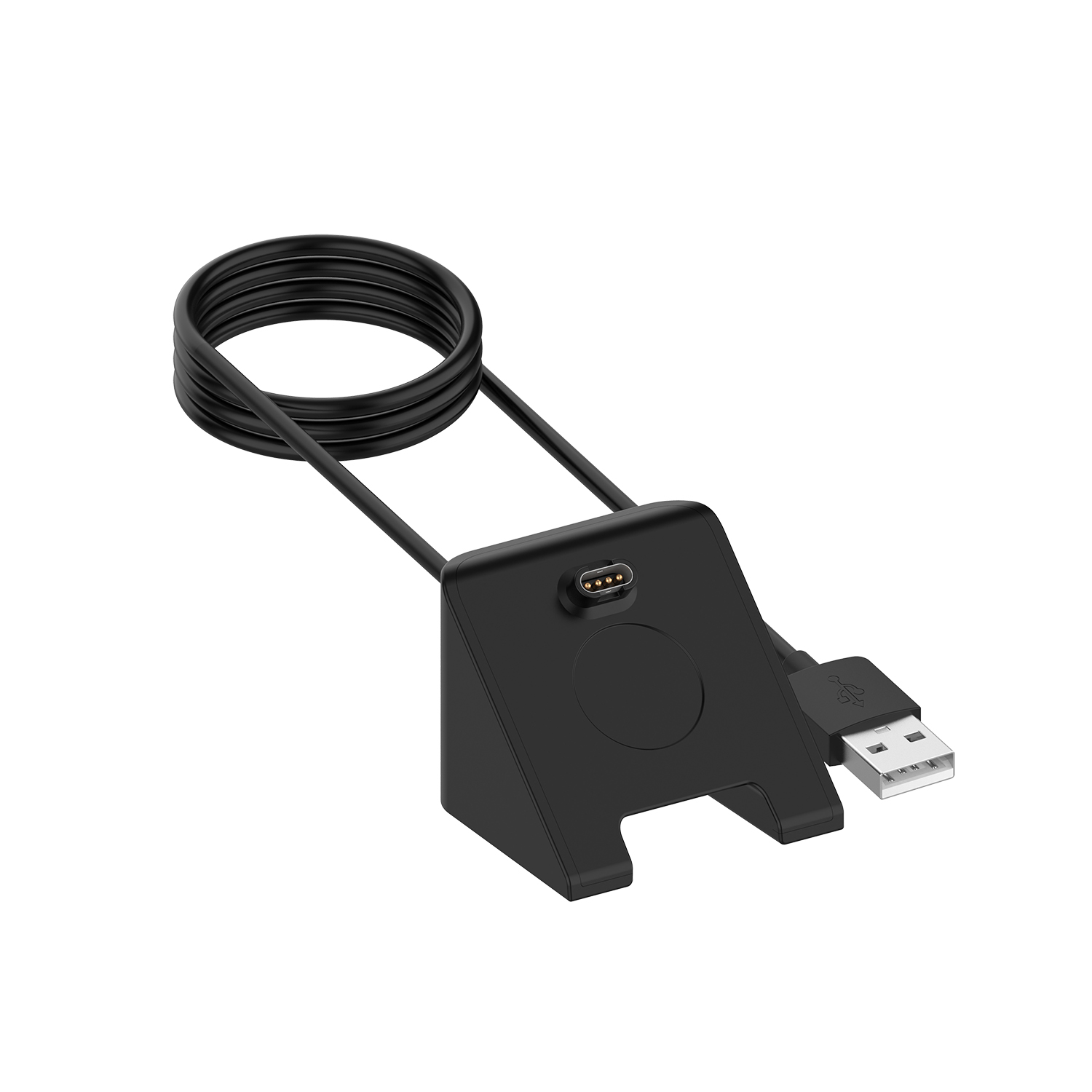 Schwarzes Smartwatch-Ladegerät mit USB-Kabel, schräge Ansicht. Das Ladegerät hat einen Ladeanschluss.