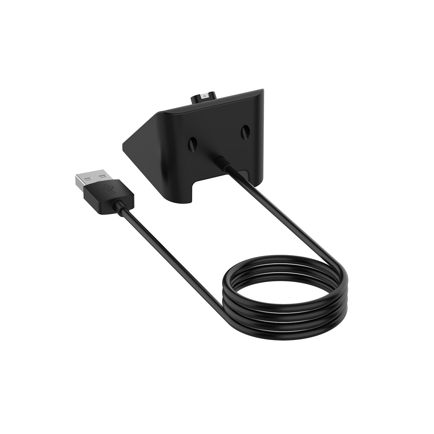 Schwarze Ladestation mit angeschlossenem USB-Kabel.