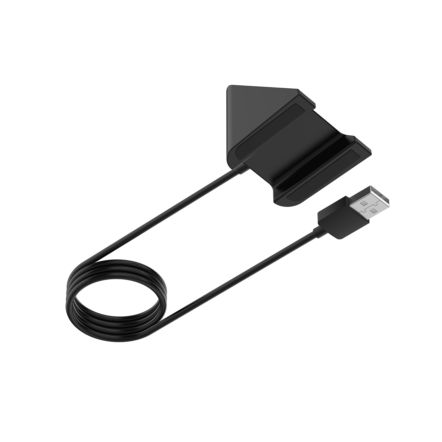 Schwarze Ladestation mit angeschlossenem USB-Kabel.
