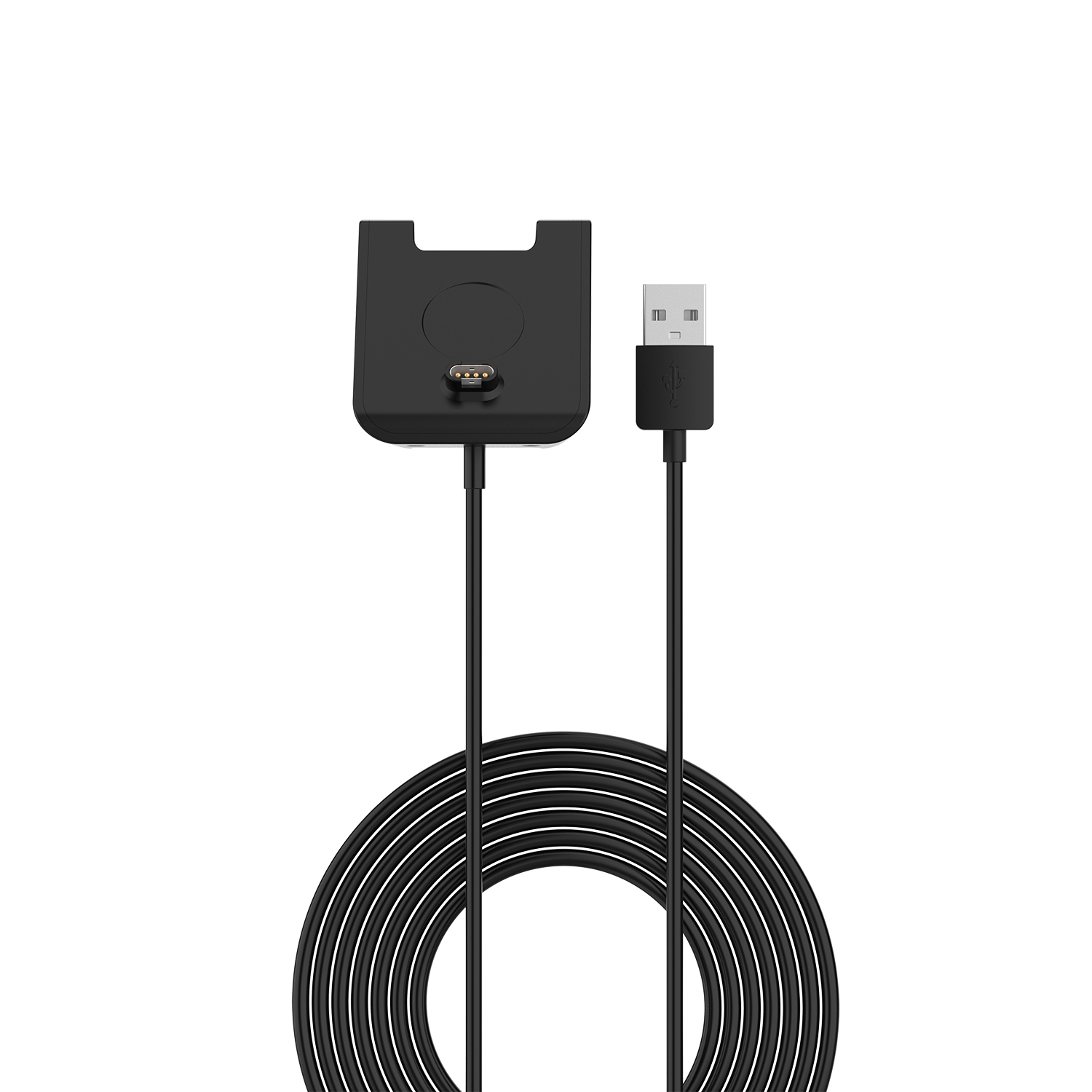 Schwarze Ladestation mit USB-Kabel. Das Kabel ist aufgerollt. Die Basis hat einen Ladeanschluss.