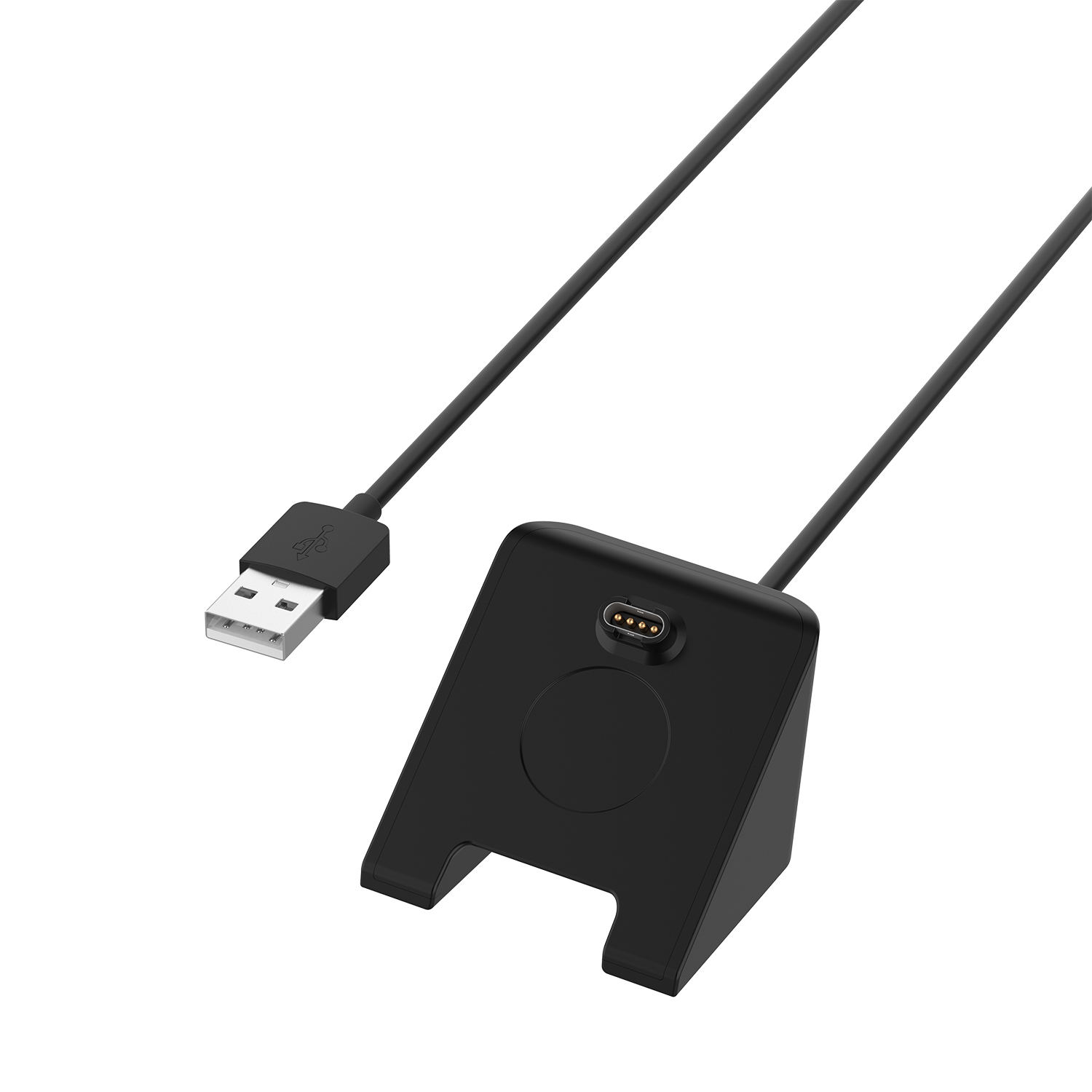 Schwarze Ladestation mit USB-Kabel, schräge Ansicht. Die Basis hat einen Ladeanschluss.
