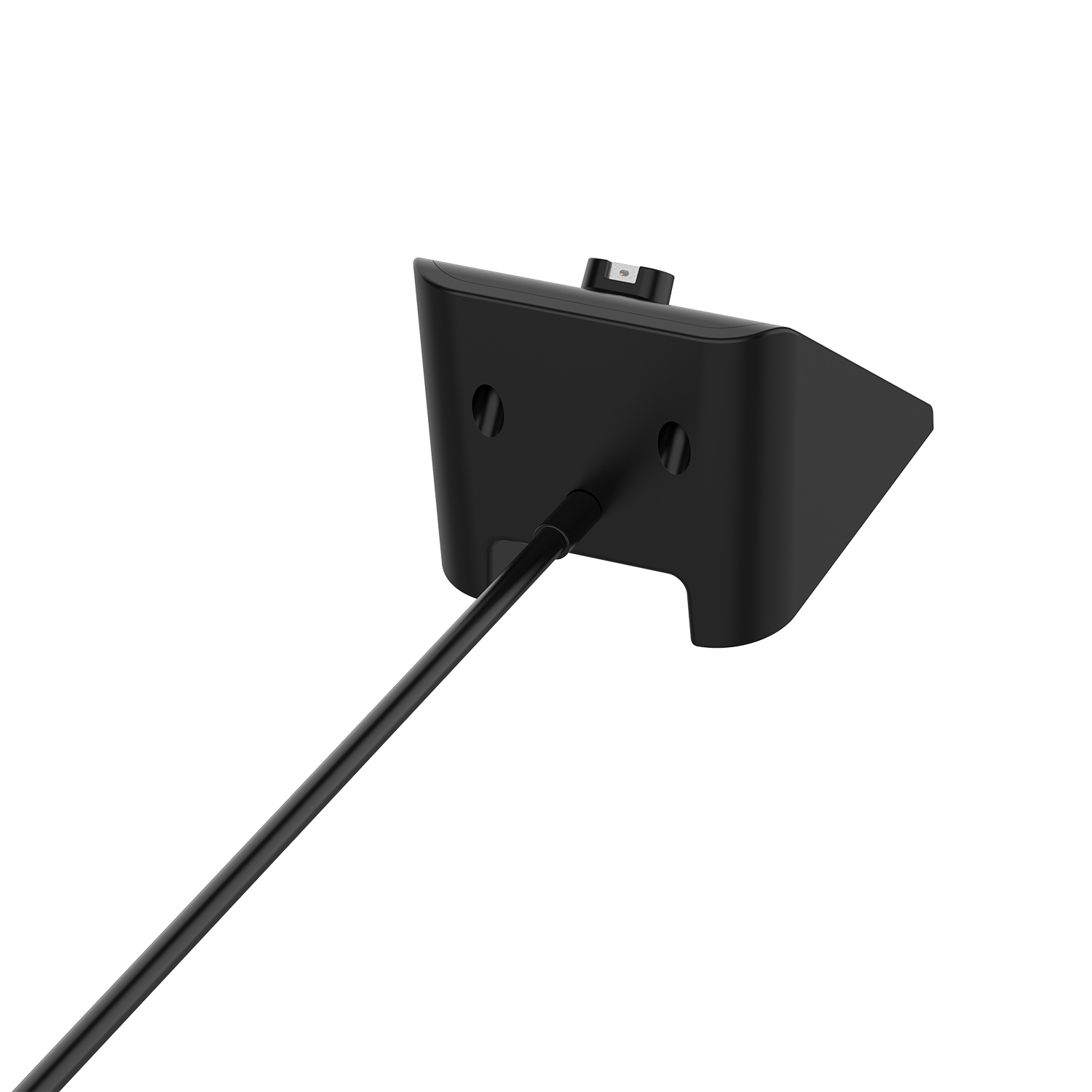 Schwarze Ladestation, Rückansicht mit angeschlossenem Kabel.