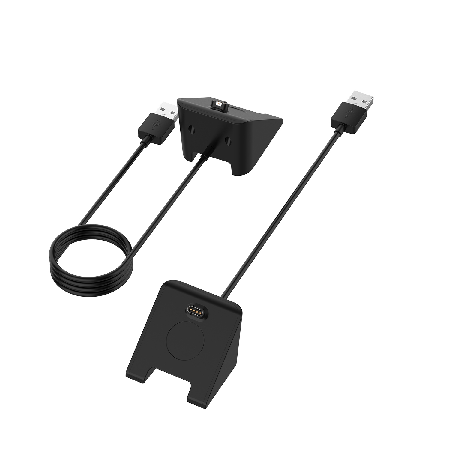 Drei schwarze Ladestationen mit USB-Kabeln, verschiedene Winkel. Eine hat einen Ladeanschluss.