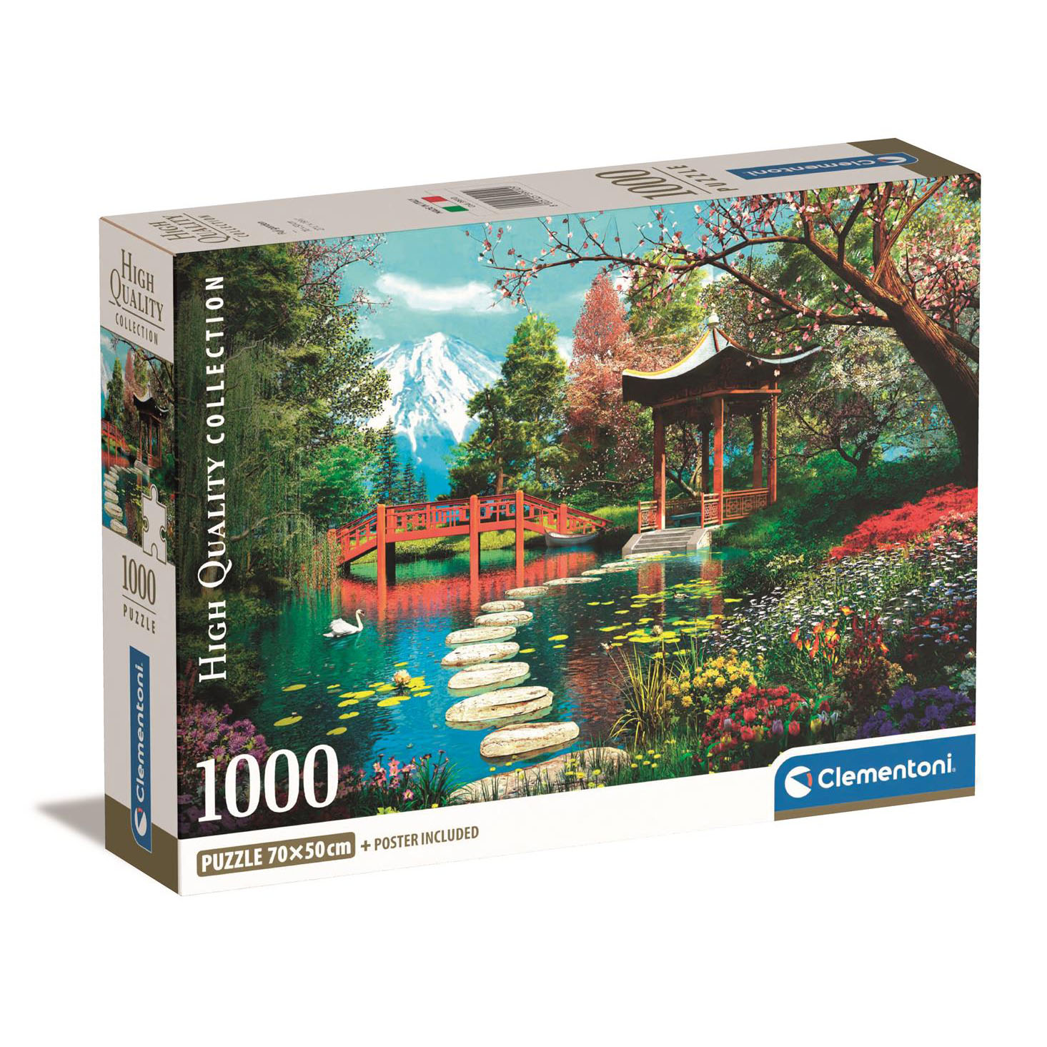 Puzzeldoos met een Japanse tuinscène: brug, vijver, berg en paviljoen. De doos heeft tekst.