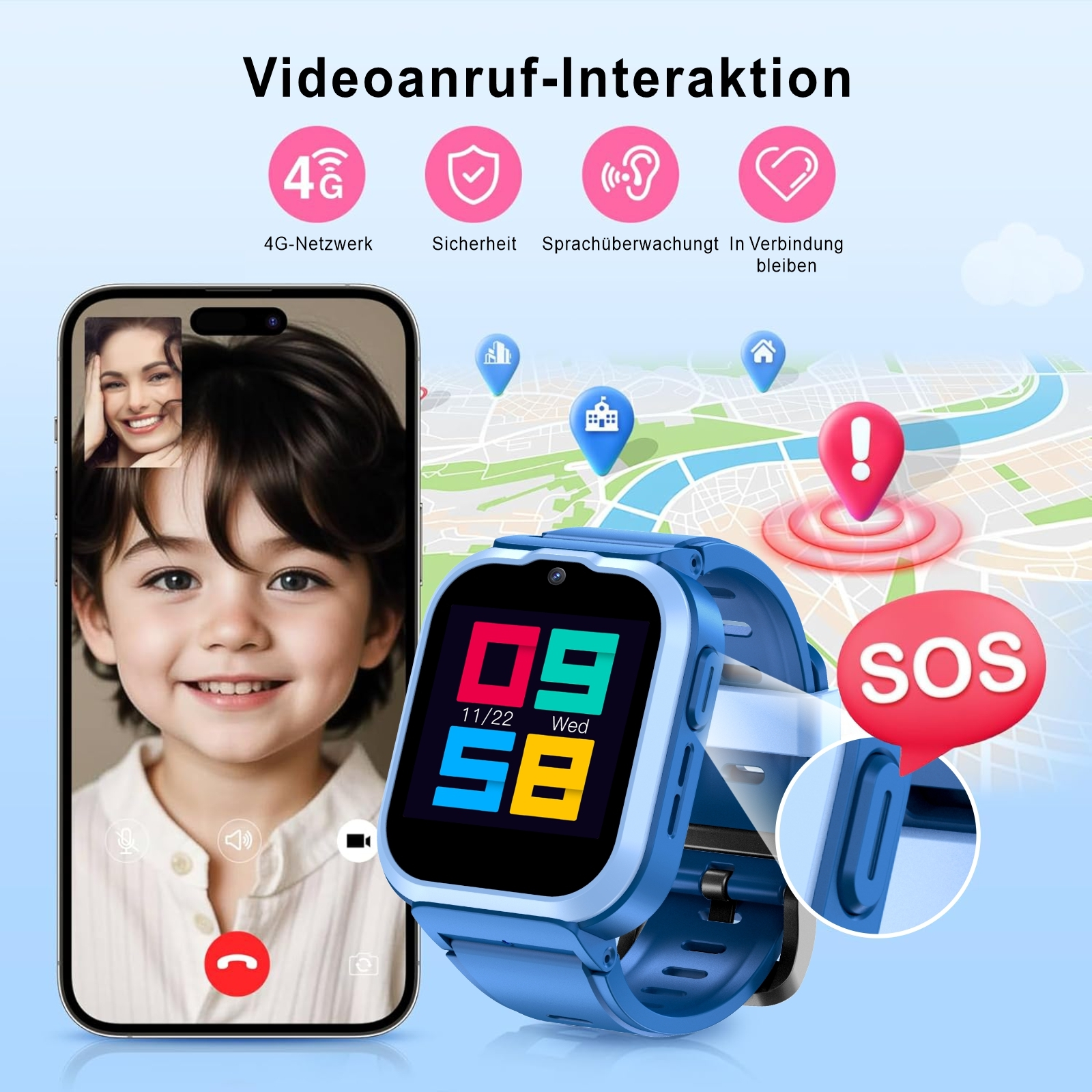 Eine Smartwatch, die Videoanrufinteraktion, ein Kind beim Videoanruf und Symbole anzeigt.
