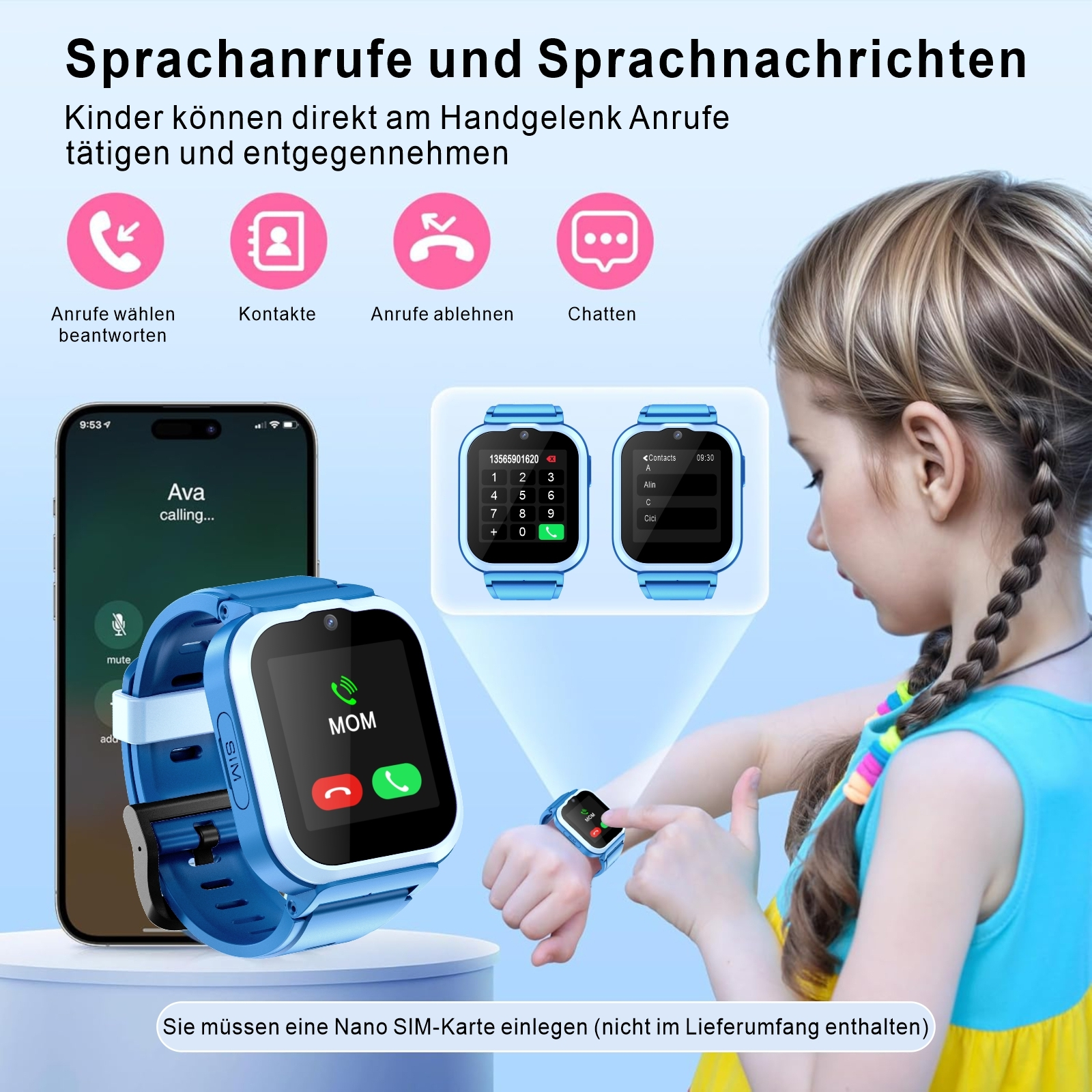 Eine Frau mit einem Kind benutzt eine Smartwatch. Mehrere Bildschirme mit Uhr und Telefon.